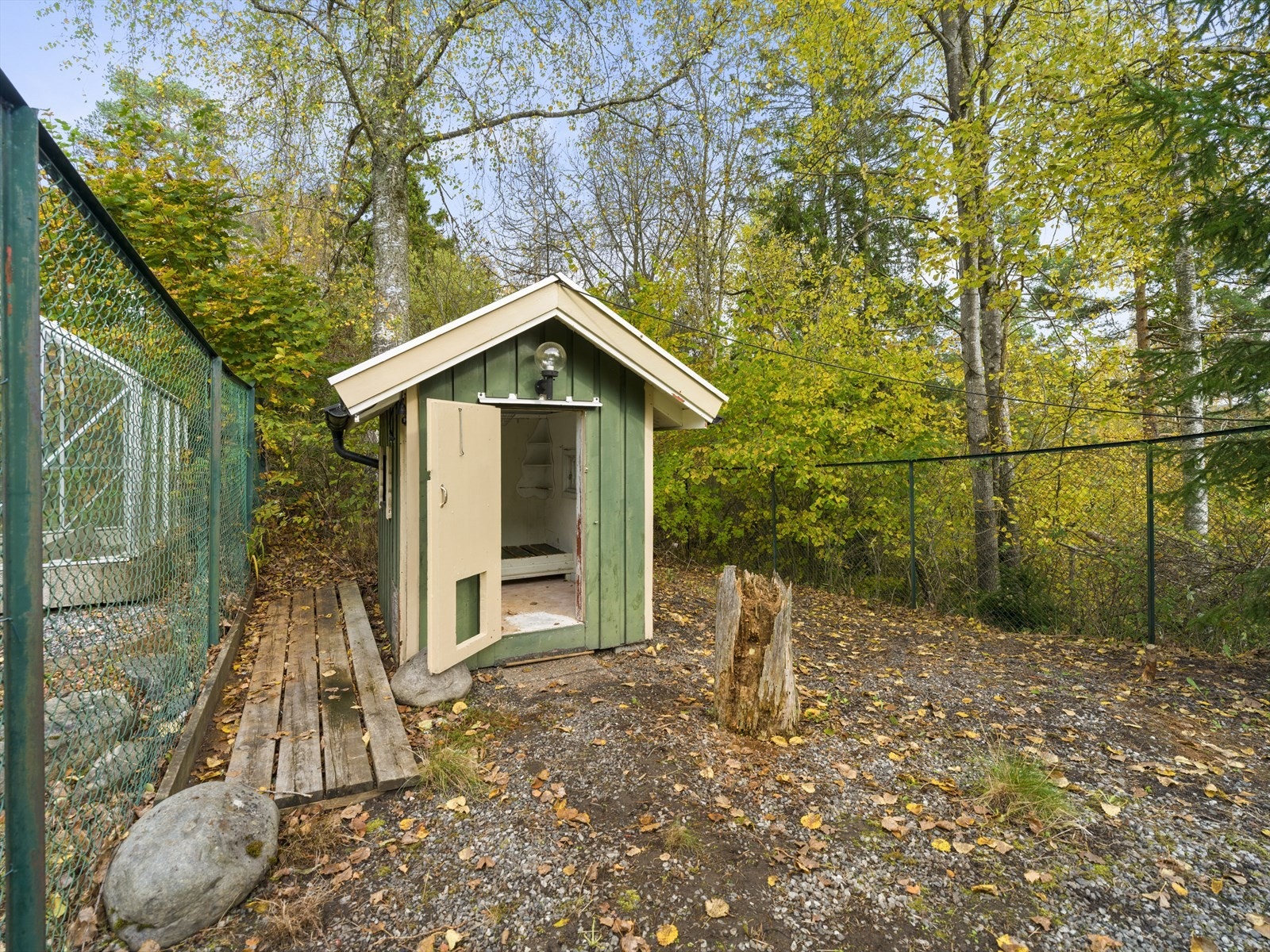 Inngjerdet hundegård (2 m høy) med isolert hundehus Galleribilde