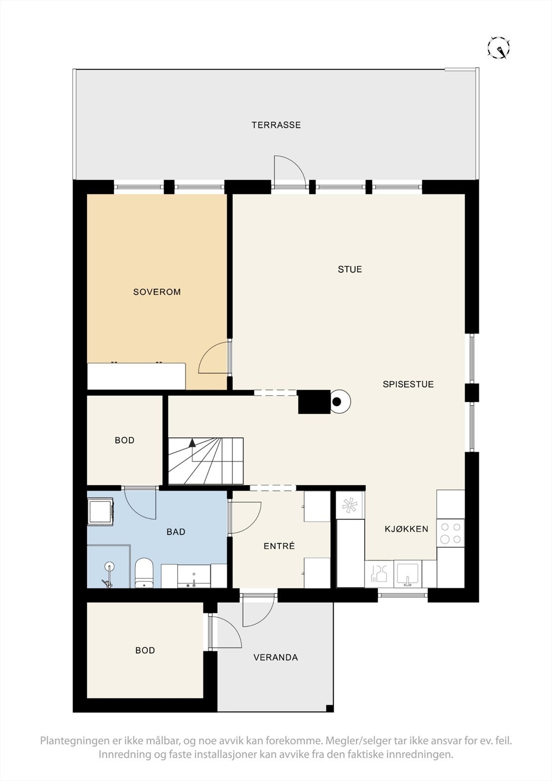 Hovedetasjen har en sosial planløsning med åpen stue og kjøkken, soverom, bad og teknisk rom. Galleribilde