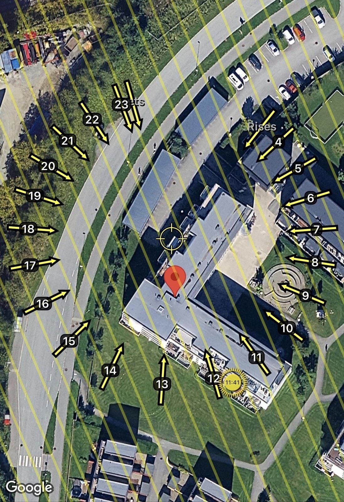 Leiligheten har vest/vendt balkong med ettermiddag og kveldssol. Solkartet illustrerer hvor solen står i forhold til leiligheten midtsommers. Galleribilde