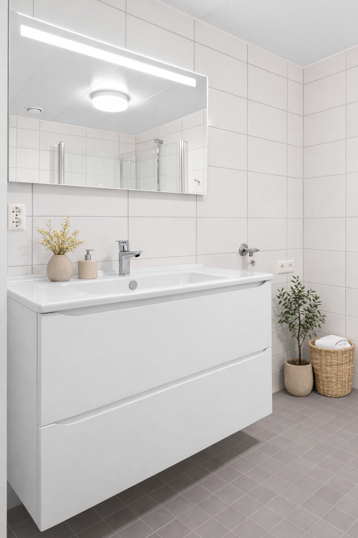 Badet er utstyrt med dusjhjørne, servant med rikelig av oppbevaringsplass i underskap, vegghengt toalett og opplegg for vaskemaskin. (AI generert møblering, avvik kan forekomme) Galleribilde