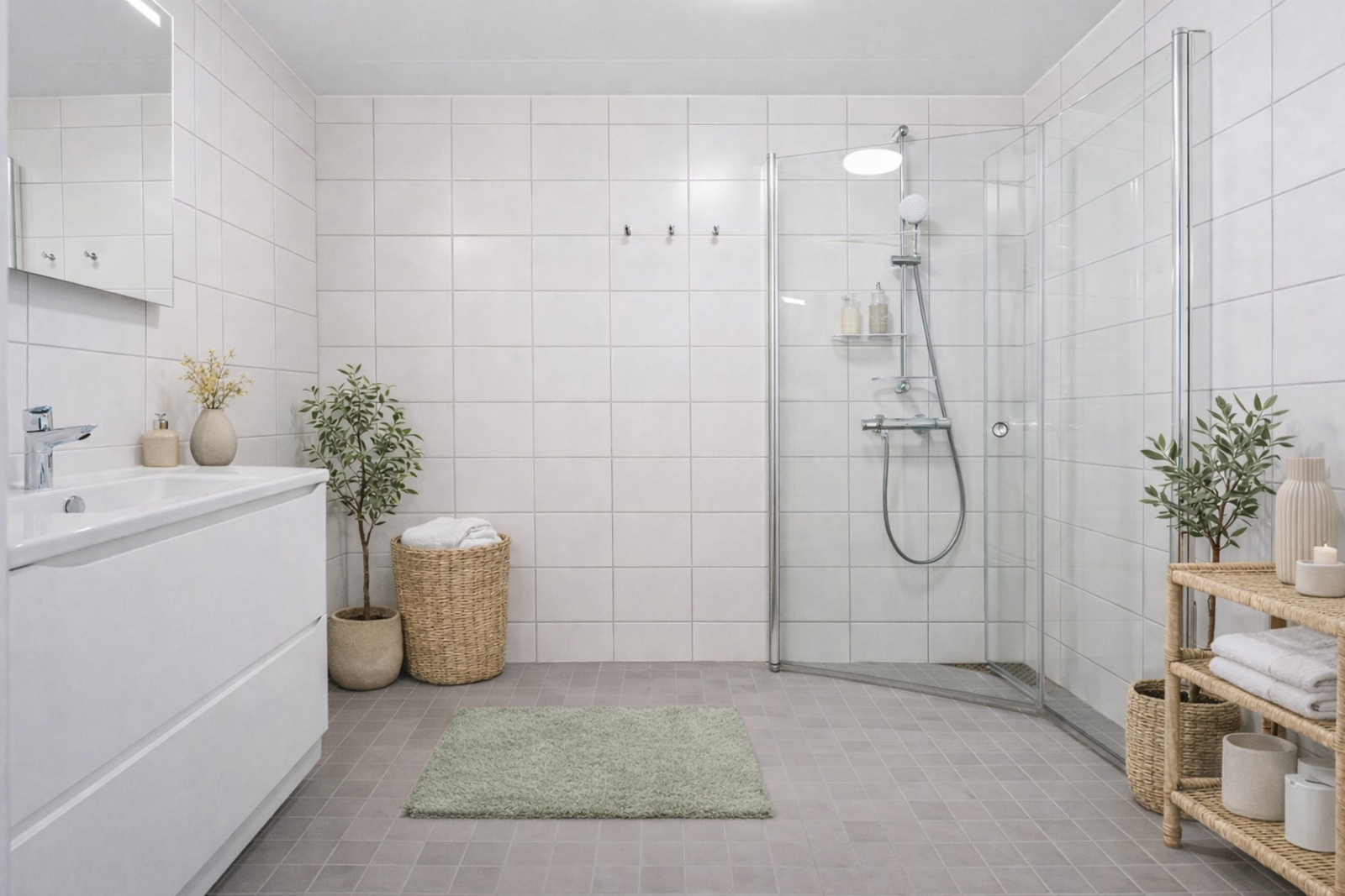 Delikat og moderne flislagt bad med behagelig varme i gulv. Badet er ubrukt og har av takstmann fått TG0.(AI generert møblering, avvik kan forekomme) Galleribilde