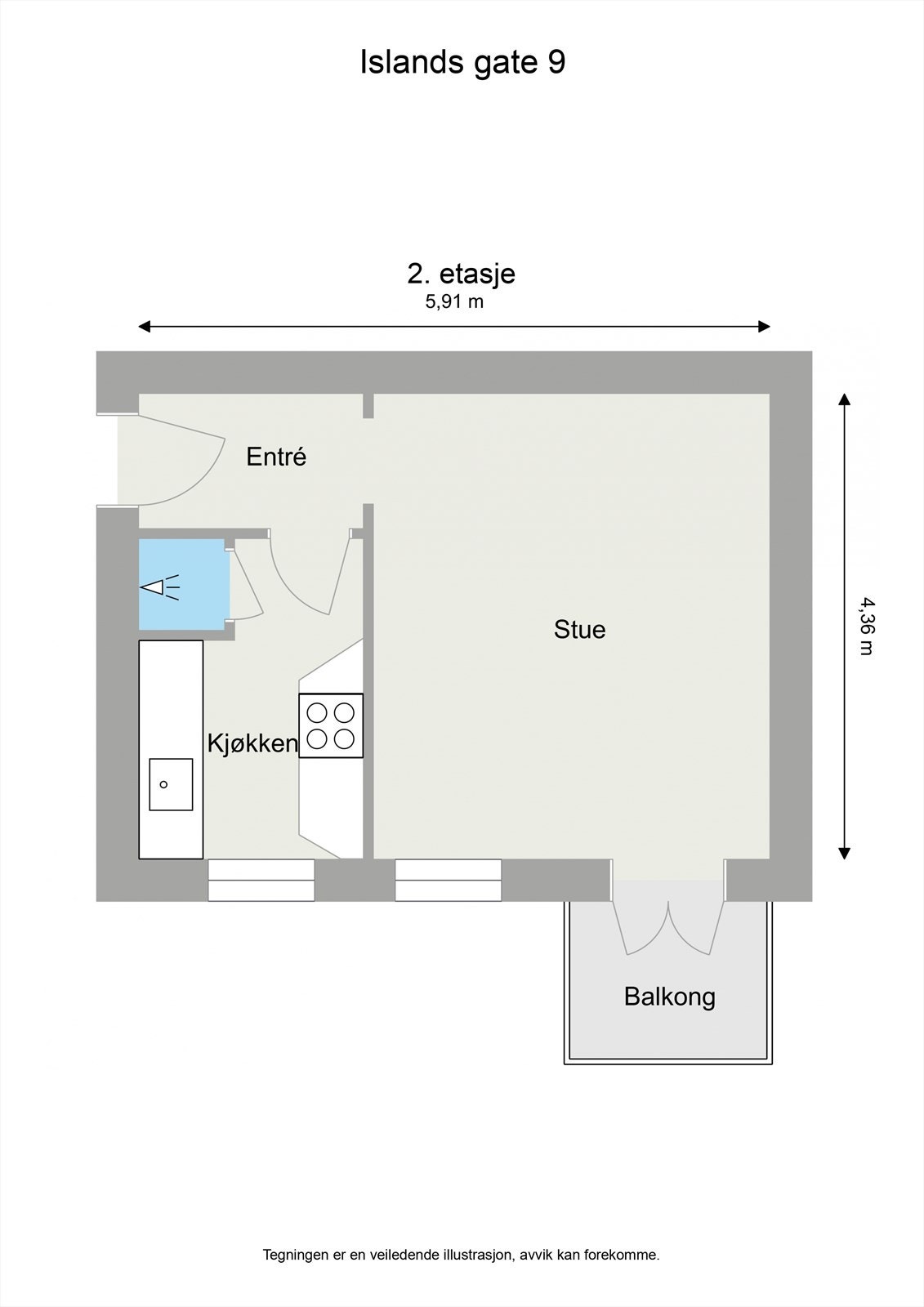 Planløsningen på 26 m² er godt utnyttet med entré, stue og et separat kjøkken. Galleribilde