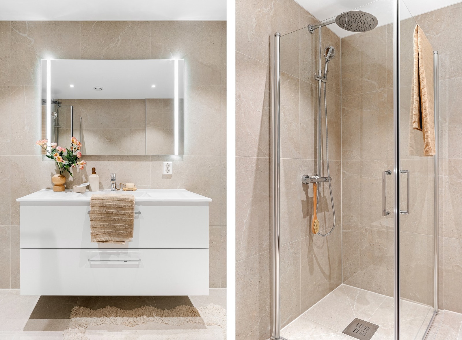 Badet er innredet med vegghengt toalett, servant med innredning og dusjhjørne. Galleribilde