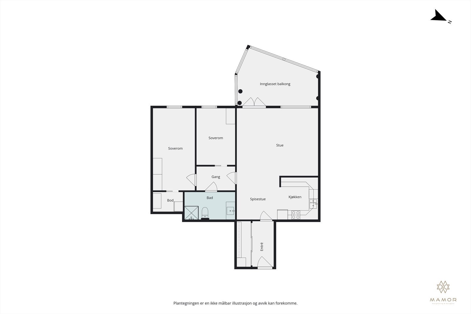 Leiligheten har en effektiv planløsning på 83 m² som fordeler seg over entré, to soverom, bad, bod og en åpen stue- og kjøkkenløsning. Galleribilde