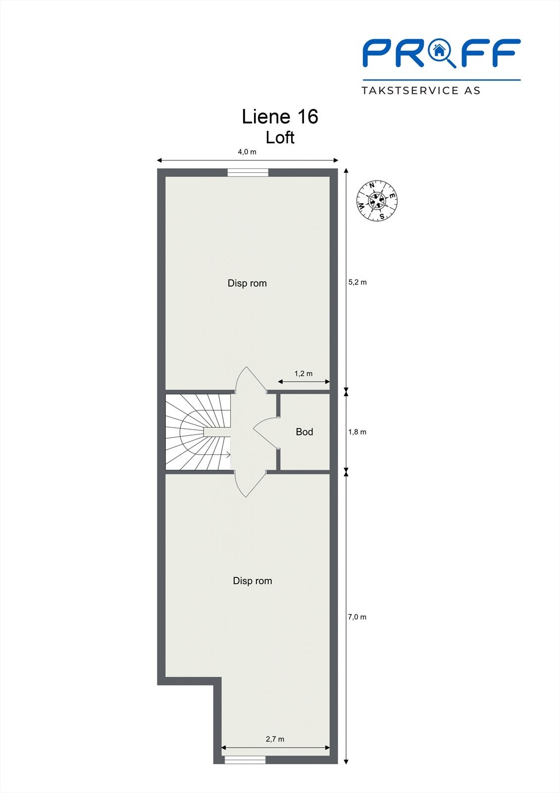 Plantegning loft. Etasjen er godkjent med uinnredet loft, og en eventuell innredning må søkes om hos kommunen. Galleribilde