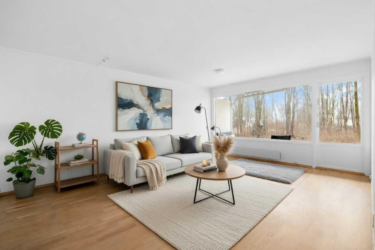 Stuen er stor og enkel å møblere. Her har du god plass til sofa og spisegruppe. Galleribilde