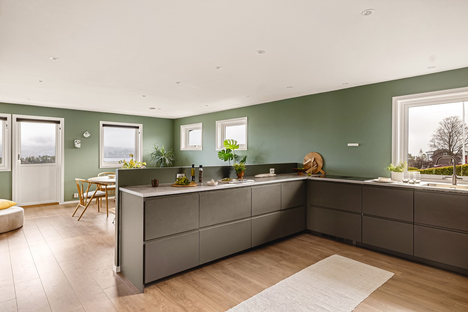 Integrerte hvitevarer består av induksjonsplatetopp, stekeovn med mikrobølgeovn, oppvaskmaskin, kjøleskap og fryseskap. Galleribilde