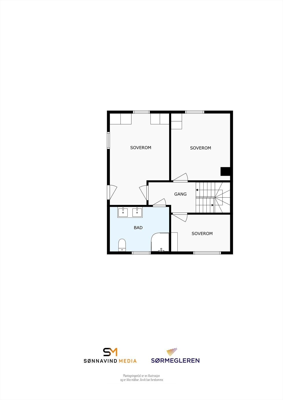 Plantegning 2. etasje (det største soverommet er på byggetegning godkjent som TV-stue og regnes derfor ikke som et godkjent soverom) Galleribilde