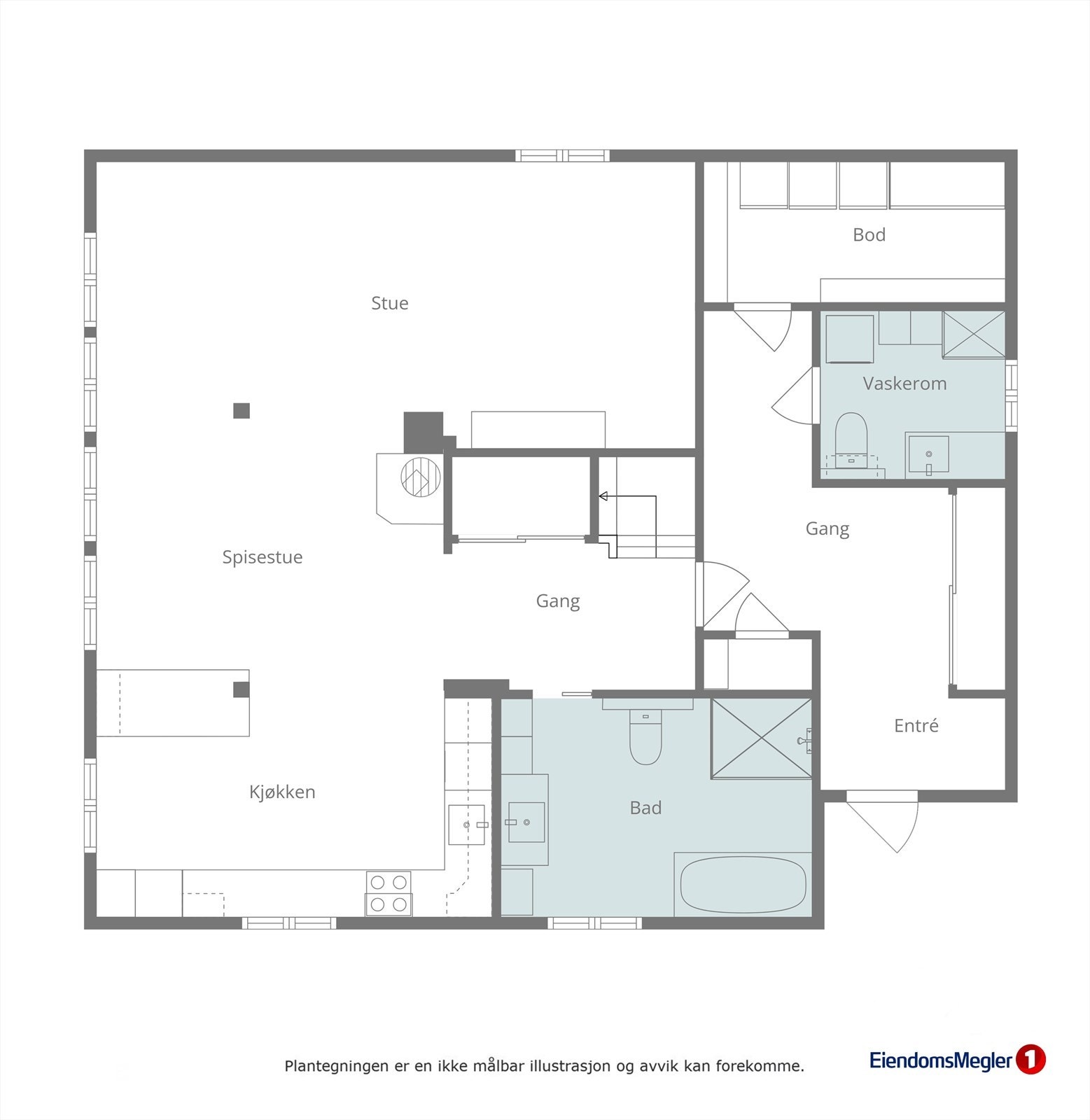 Første etasje i våningshuset har ei funksjonell planløysing med open stove- og kjøkkenløysing, moderne bad og vaskerom. Galleribilde