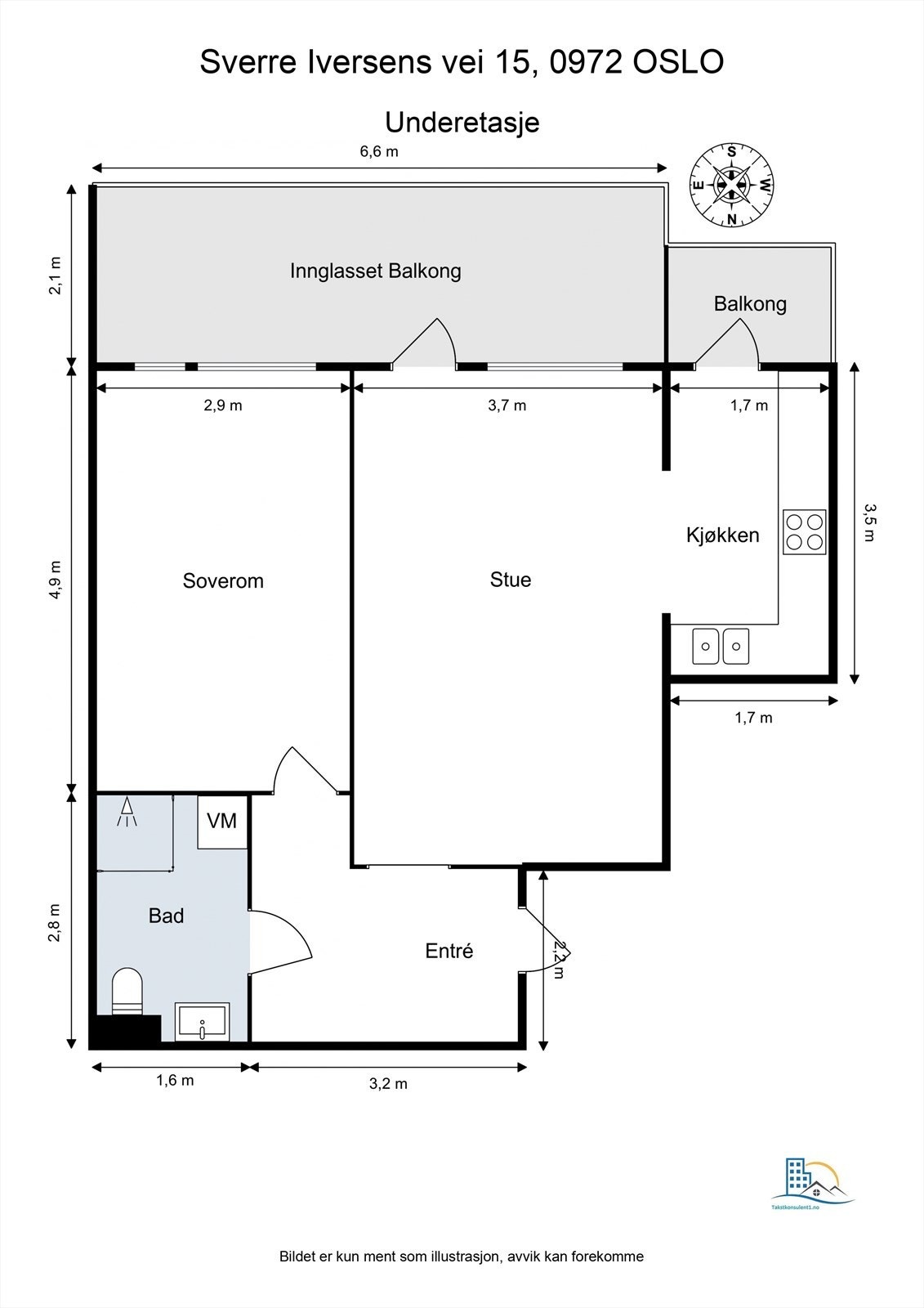 Leiligheten har en gjennomtenkt planløsning på 55 m² med to balkonger og god flyt mellom rommene. Galleribilde