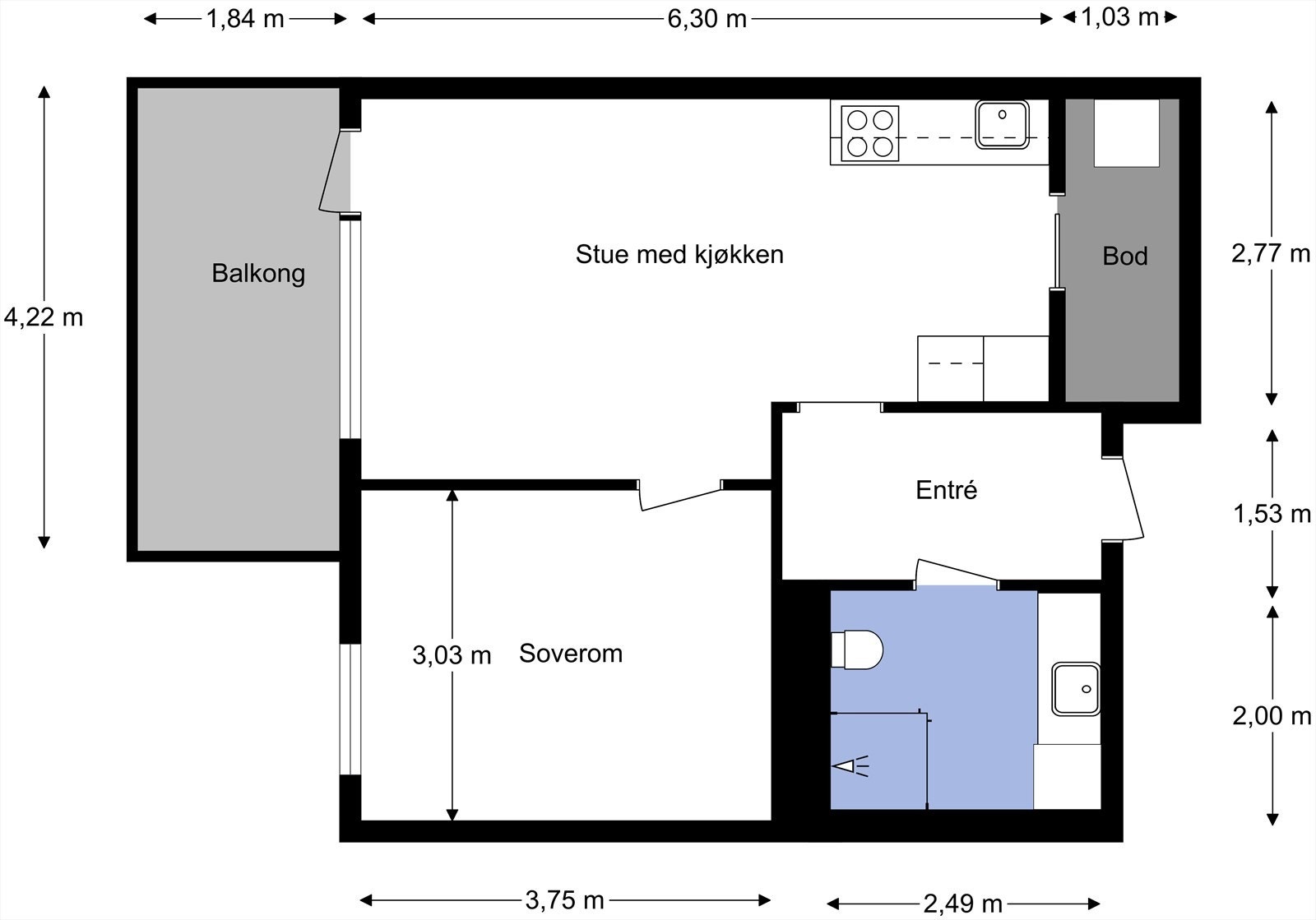 Plantegning med mål fra takstmann. Galleribilde