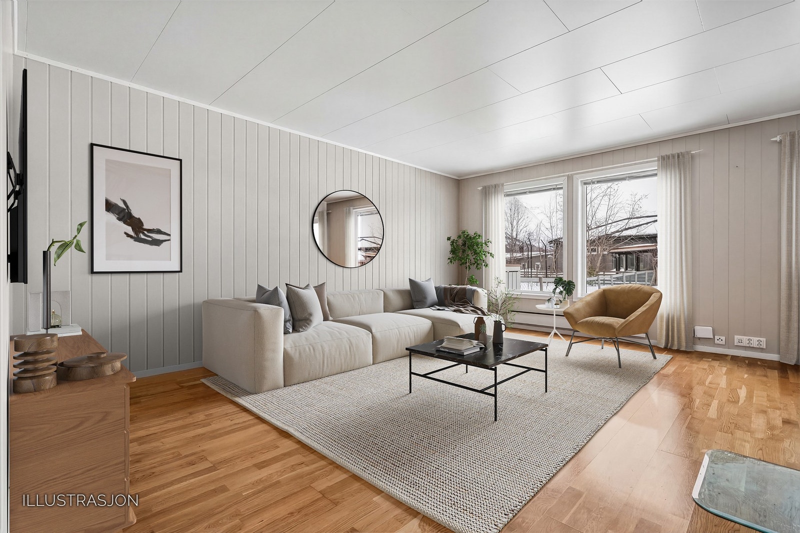 Boligens romslige stue fremstår lys og innbydende med delikate farger.
Digital styling Galleribilde