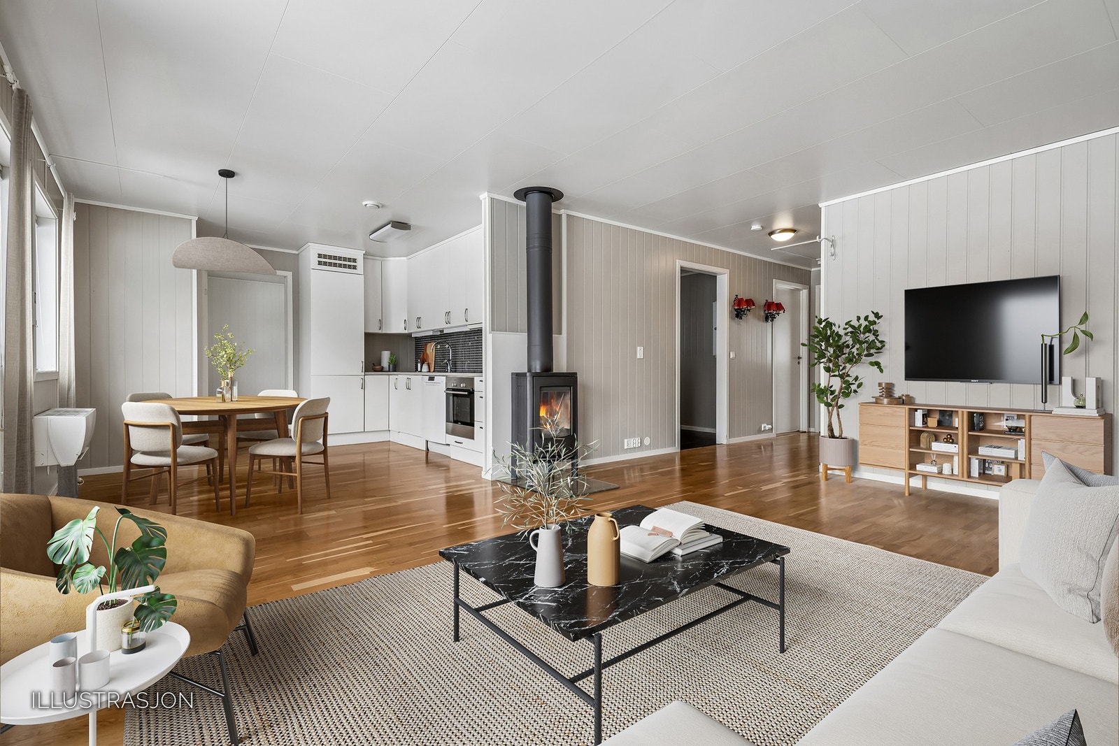 Kjøkken og stue er smart samhandlet i en åpen løsning som gir en lys, sosial og romslig atmosfære
Digital styling Galleribilde