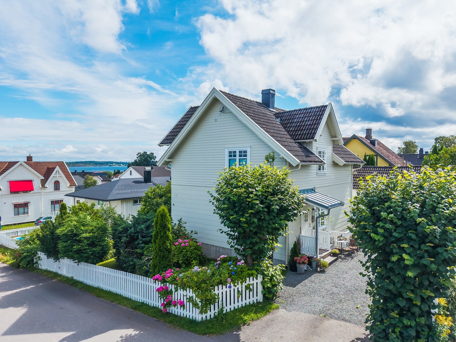 Her ser vi et sommerbilde av fasaden mot veien Galleribilde