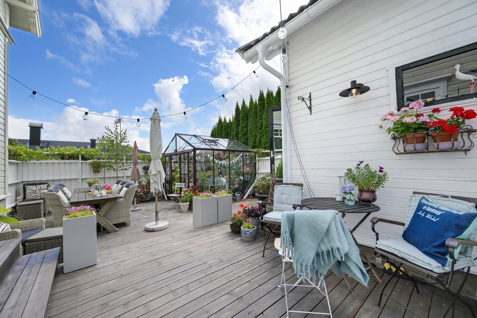 Terrasse med både levegg, drivhus og egen produserte druer Galleribilde