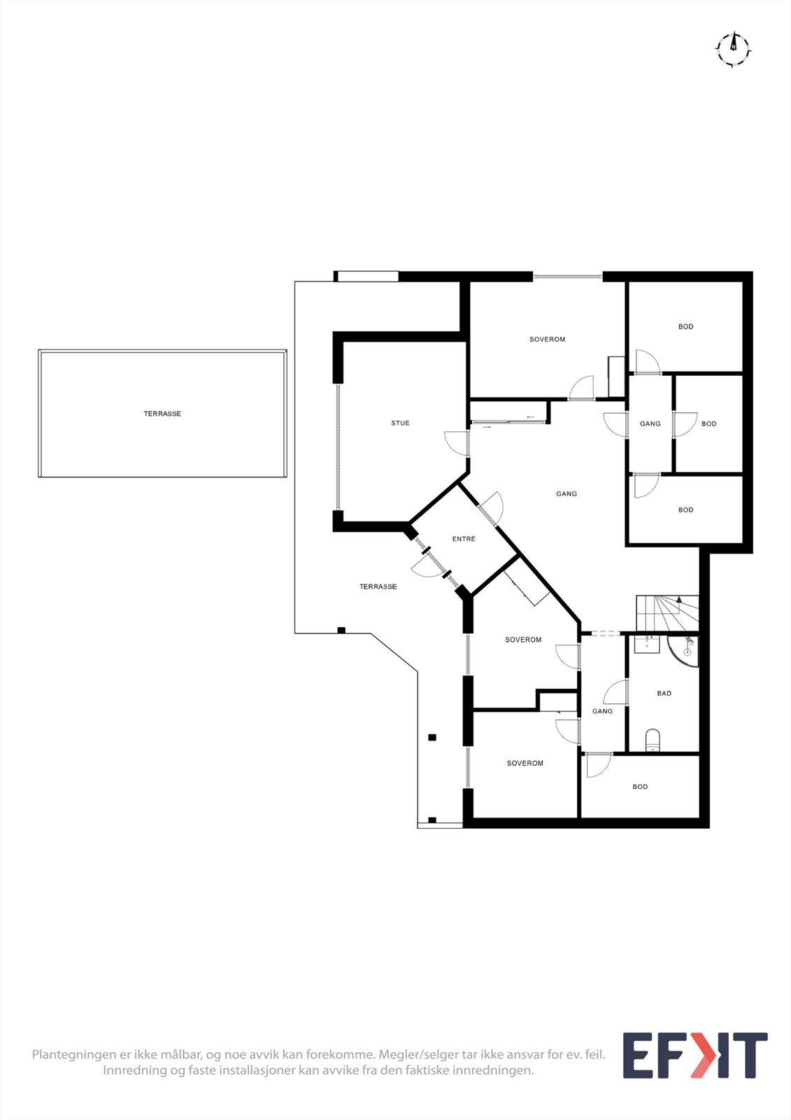 Underetasjen har egen inngang, tre soverom, stue, bad og teknisk rom, noe som gir fleksible bruksmuligheter. Galleribilde