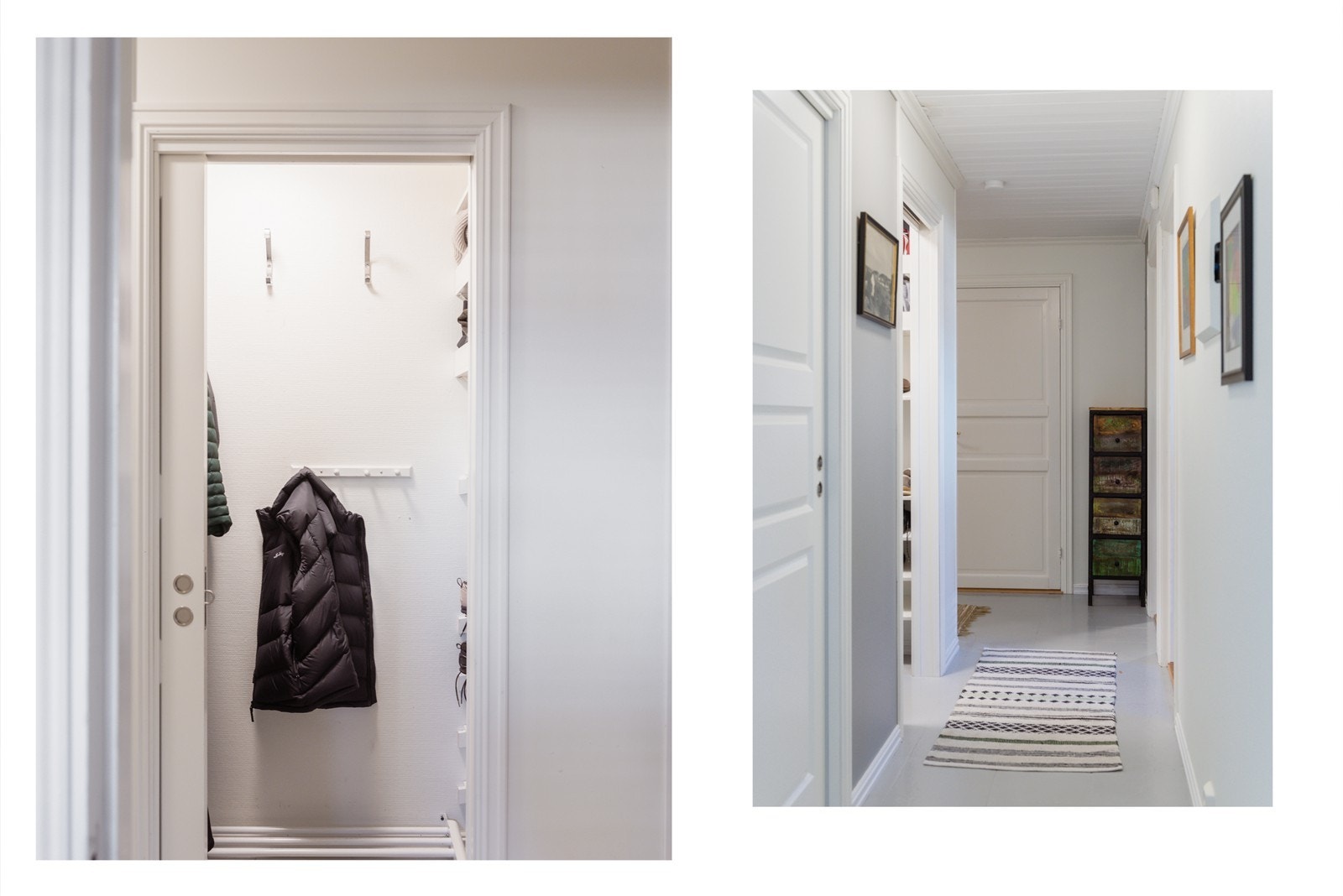 Videre inn i gangen har du en liten "walk-in closet" der man kan henge av seg yttertøy og stable diverse ting du trenger, til venstre har du en gjestetoalett Galleribilde