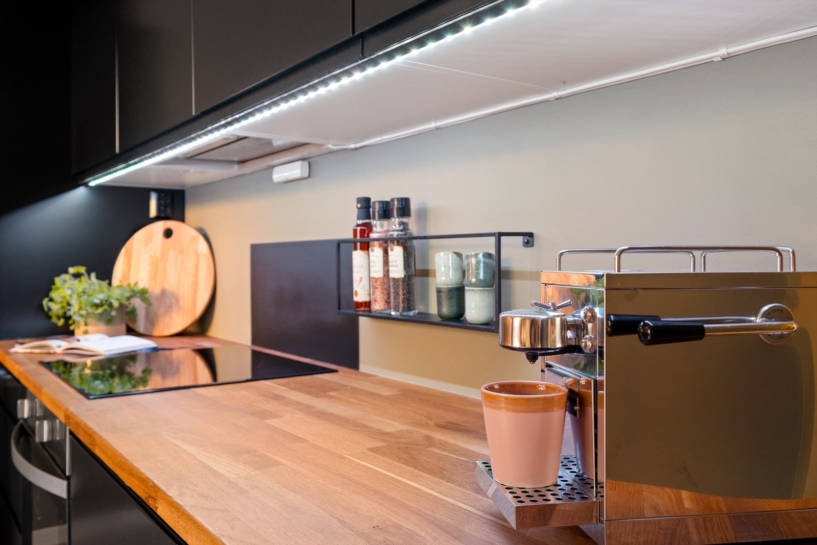 Kjøkkenet er utstyrt med integrert komfyr, integrert oppvaskmaskin, opplegg for vaskemaskin og ventilator. Galleribilde