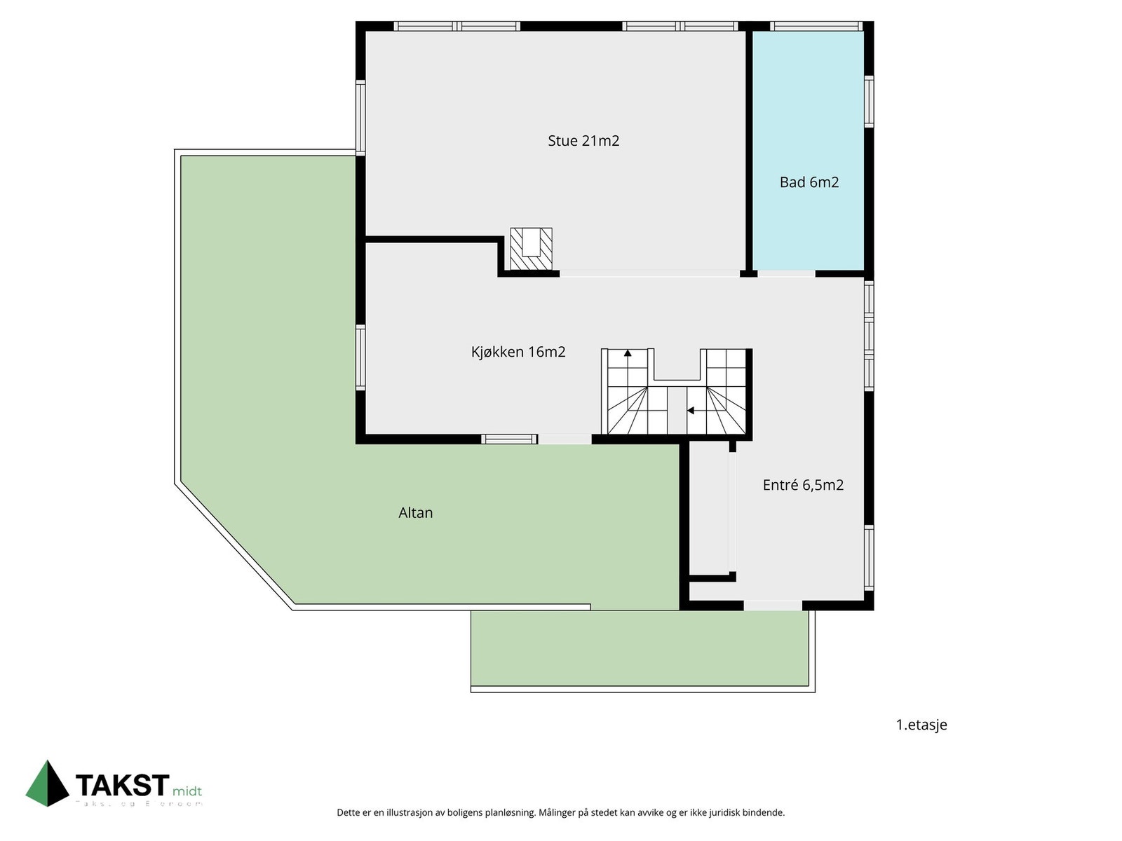 Plantegning av første etasje med stue, kjøkken, bad, entré og terrasse. Galleribilde