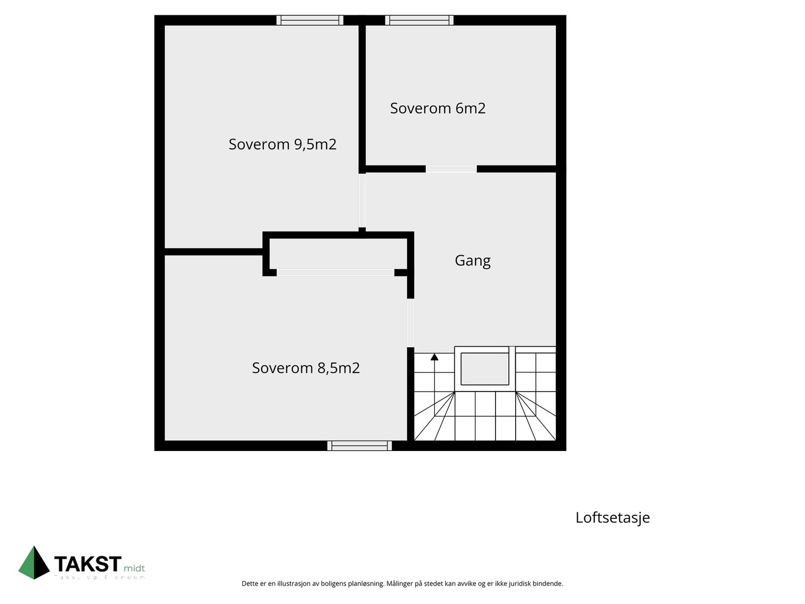 Loftsetasje med tre soverom på henholdsvis 9,5, 8,5 og 6 kvadratmeter samt en gang. Galleribilde
