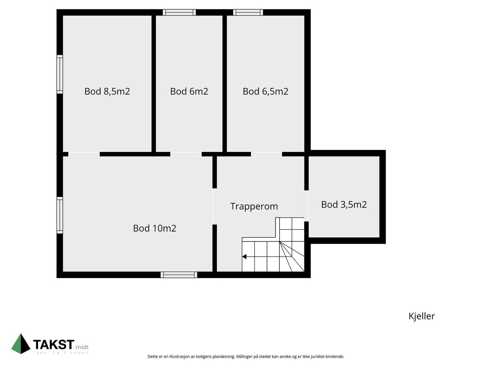Kjeller med fire boder på 10 m², 8,5 m², 6,5 m² og 3,5 m², samt trapperom. Galleribilde