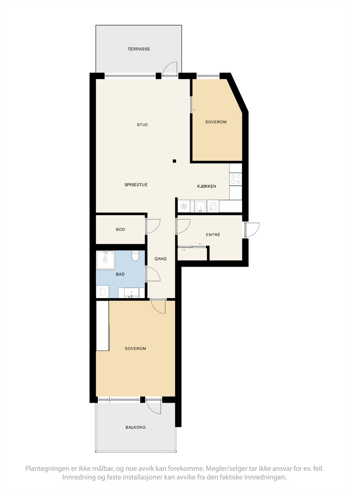 Leiligheten har en arealeffektiv planløsning med to soverom og to private uteplasser. Galleribilde