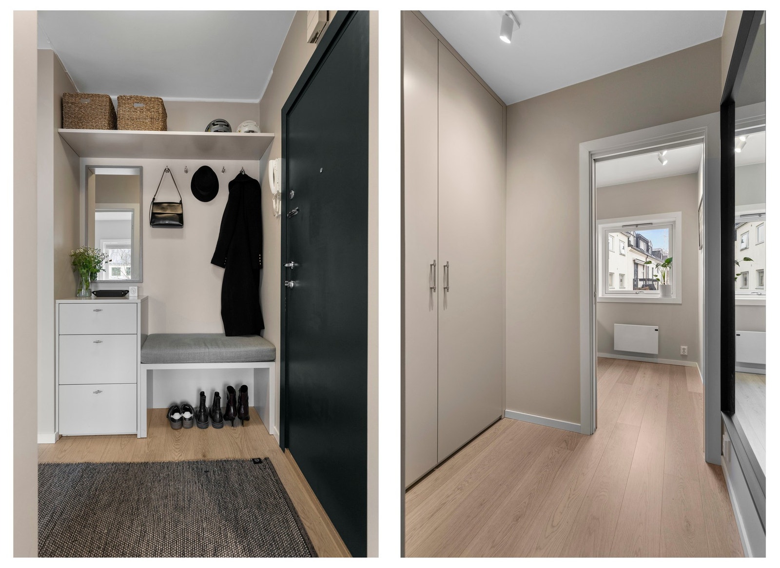 Entreen gir et godt førsteinntrykk med ny 1-stavs parkett og veggflater malt i en dus gråtone. I entreen er det dørtelefon, og en garderobenisje er innredet med knagger og plassbygd hylle. Galleribilde