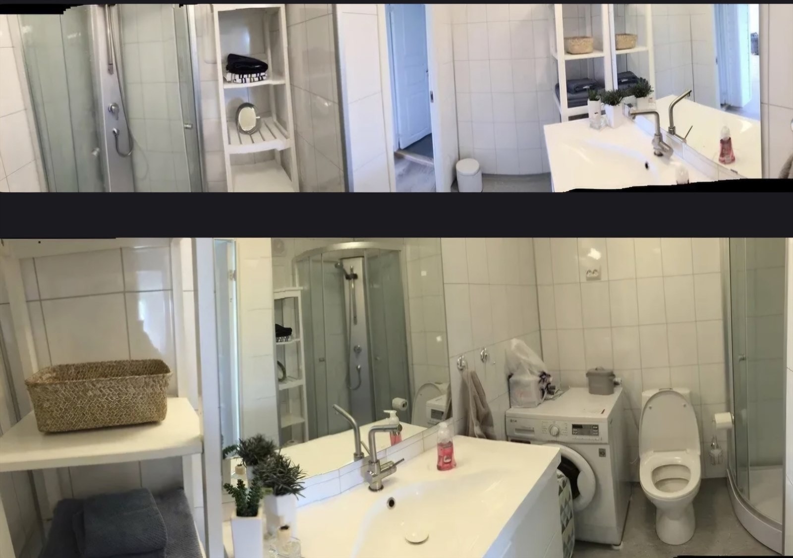 Badet har våtromsplater på veggene, panelbord i taket og belegg på gulvet. Det er innredet med opplegg for vaskemaskin, WC og dusjkabinett. Galleribilde