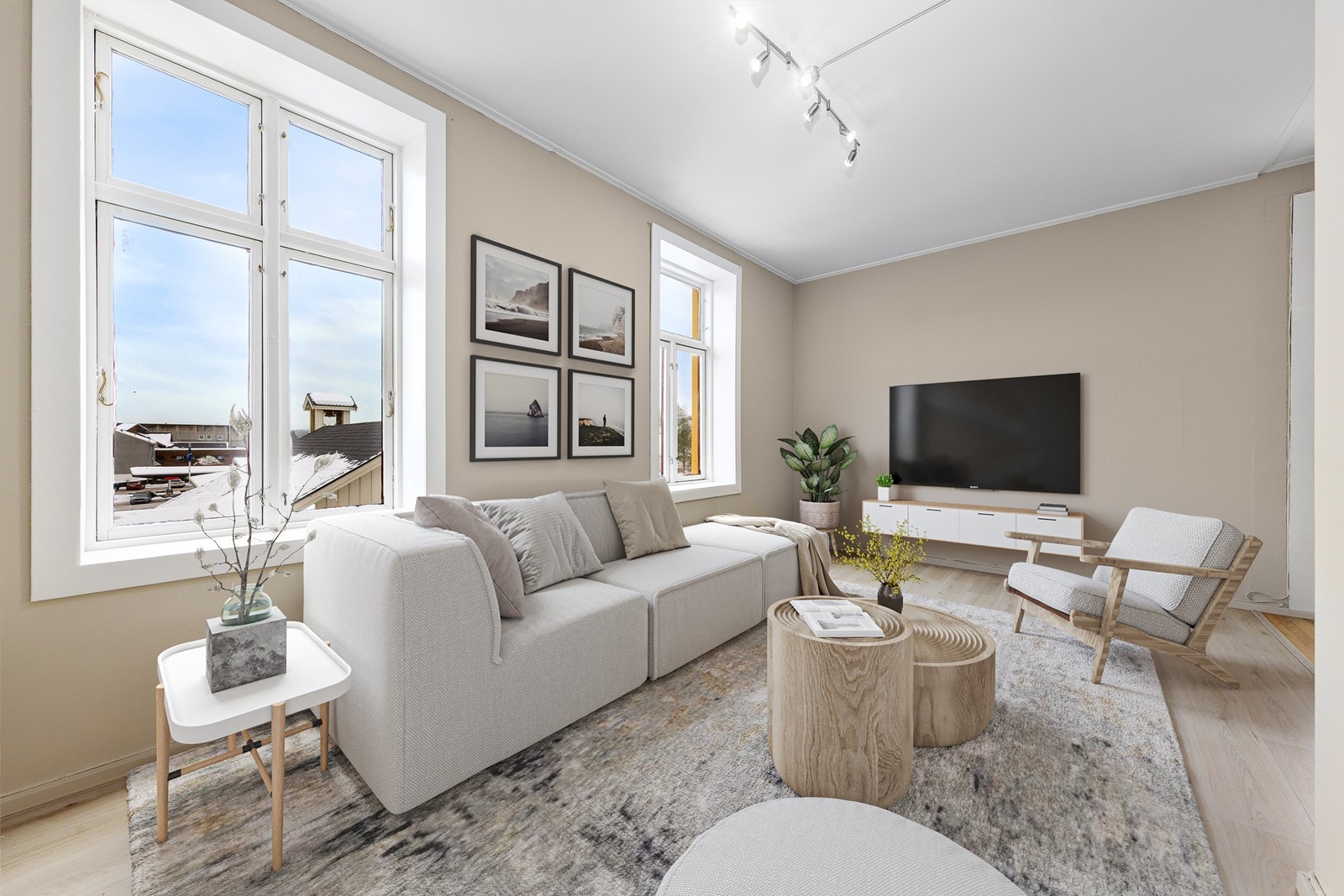 Leiligheten har en gjennomgående takhøyde på hele 280 cm, noe som skaper en lys og luftig romfølelse. (Bildet er digitalt stylet) Galleribilde