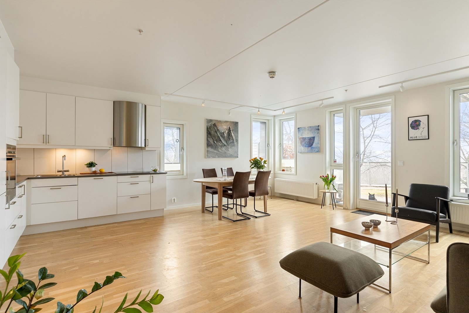 Planløsningen åpner opp for flere møbleringsmuligheter med god plass til sofagruppe, TV-møbler og spisebord med tilhørende stoler. Galleribilde