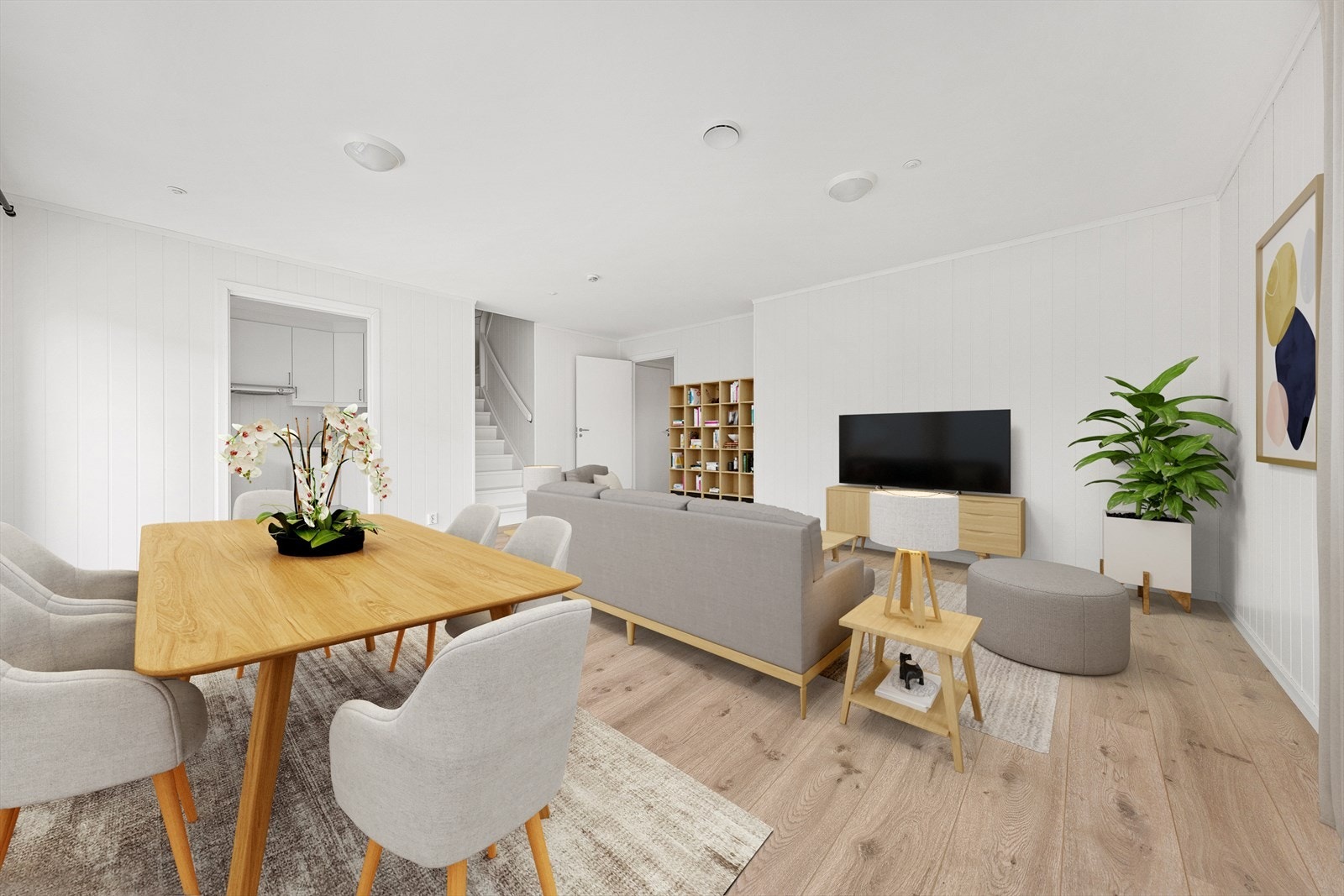 Rommet er malt i lyse fargetoner og gir rom for fleksibel møblering. (Bildet er digitalt stylet) Galleribilde