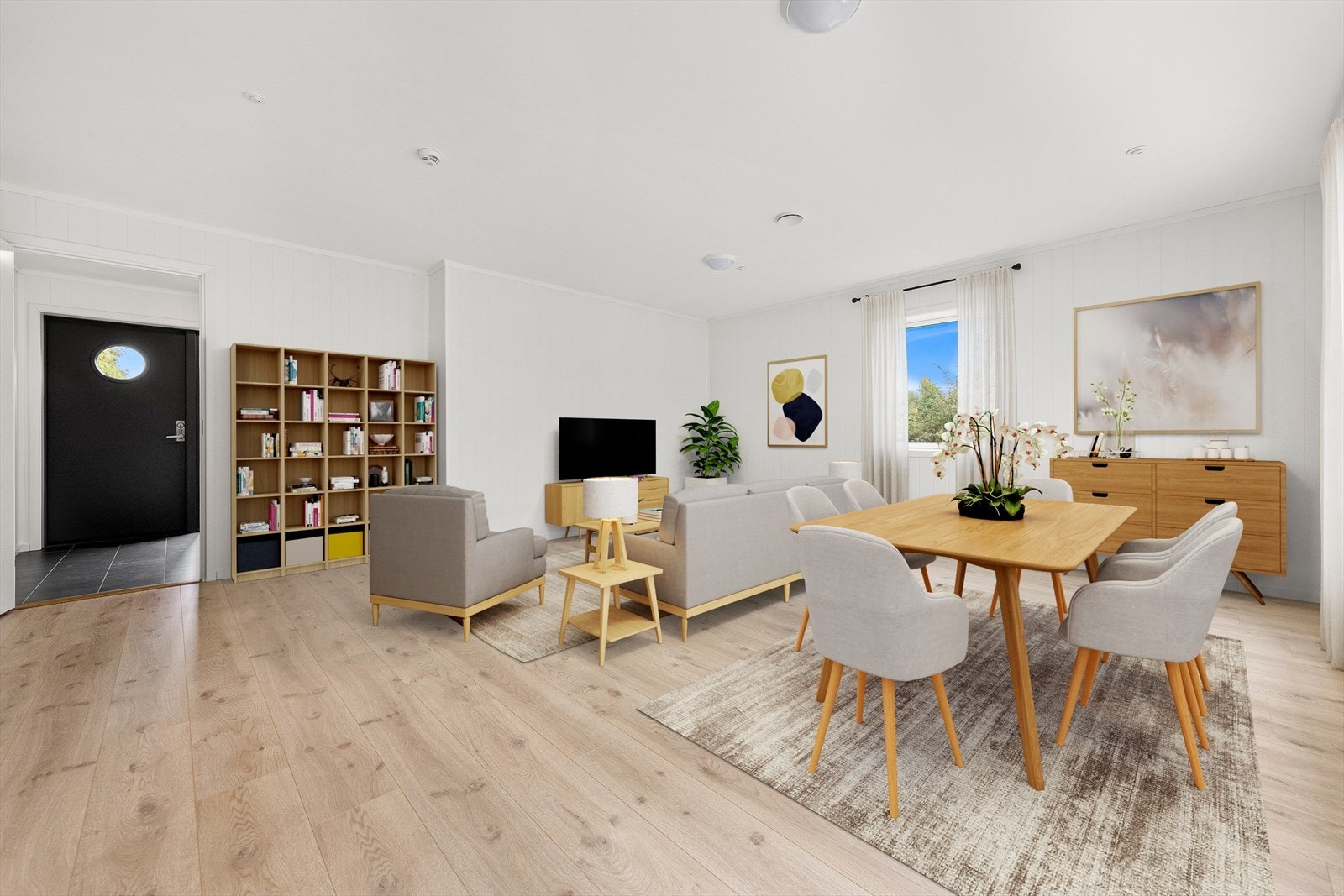 Boligen har innvendige gulv med laminat, samt fliser i gang og teknisk rom. Veggene er kledd med malte panelplater, og himlingene har malte gipsplater. (Bildet er digitalt stylet) Galleribilde