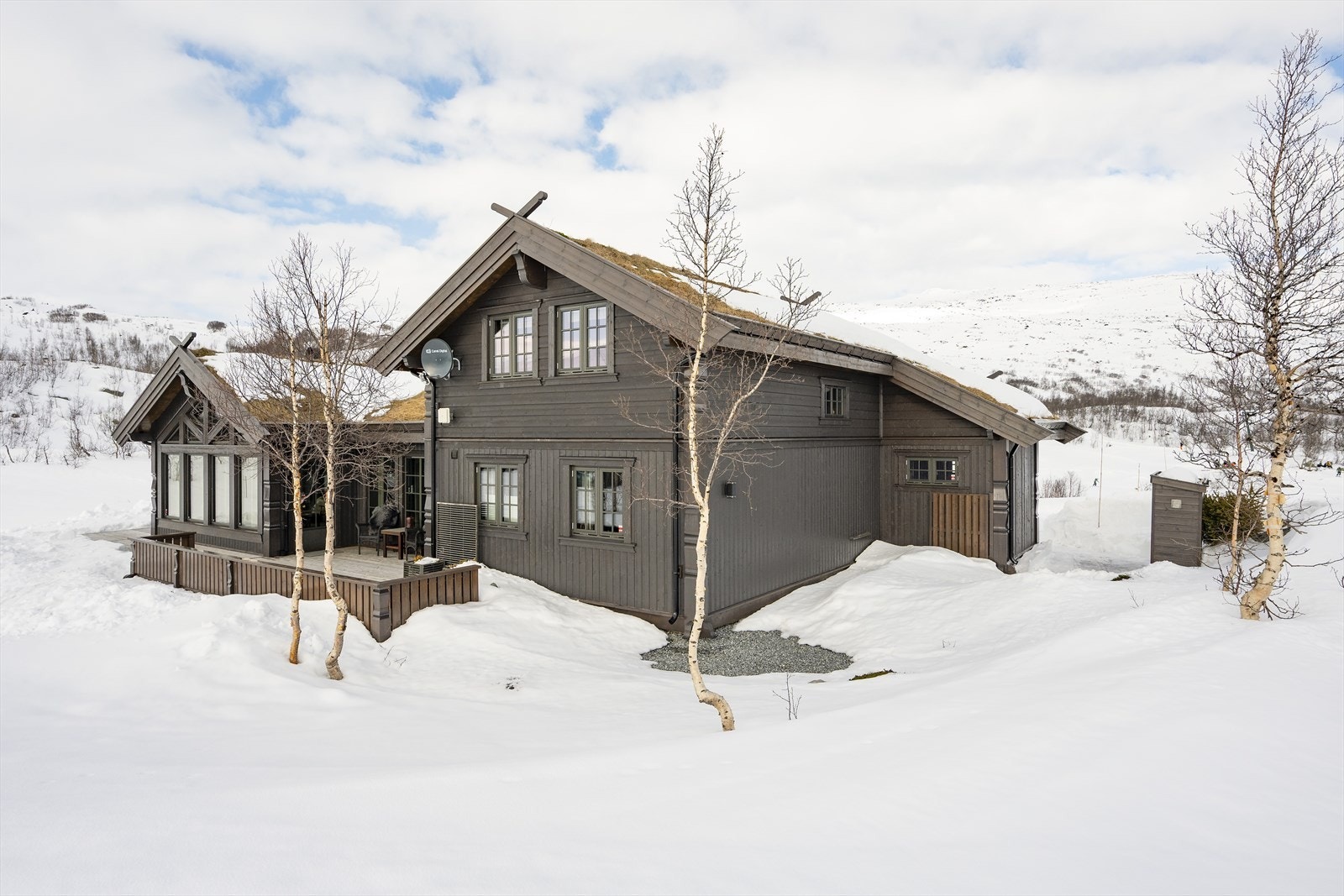 Hytta er omgitt av fjellvegetasjon. Galleribilde