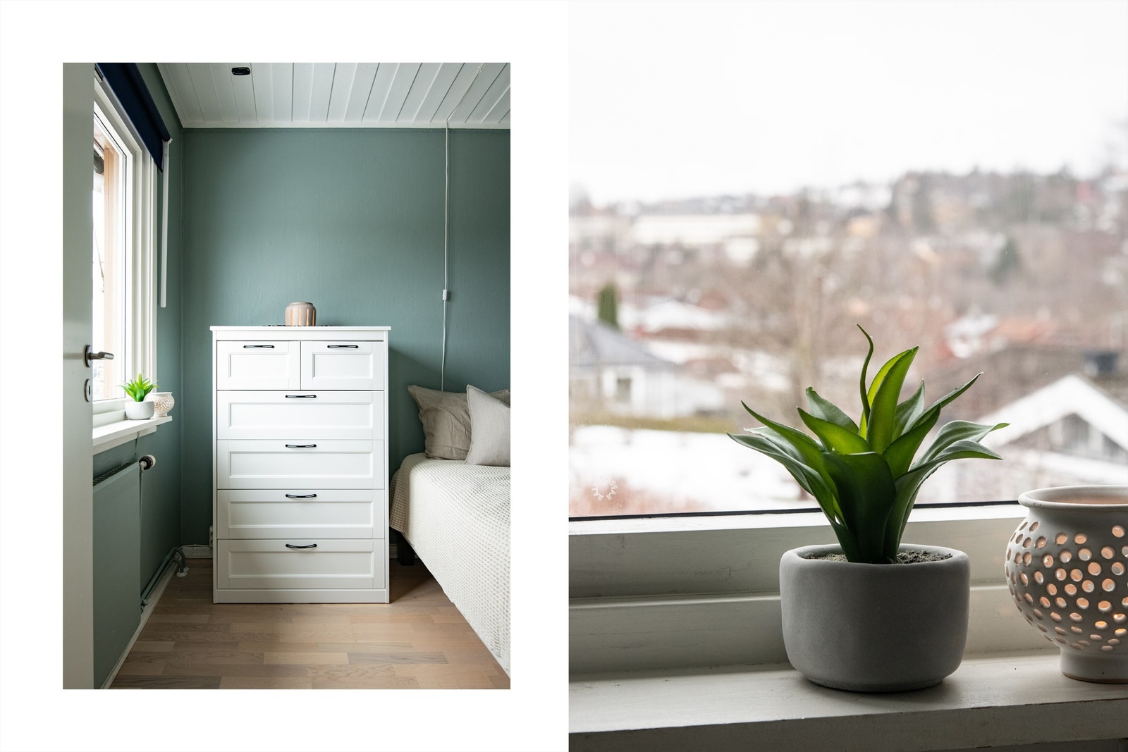 Soverommet er malt i en behagelig mørk turkis maling, og fremstår som et lyst og åpent rom med gode innredningsmuligheter. Galleribilde