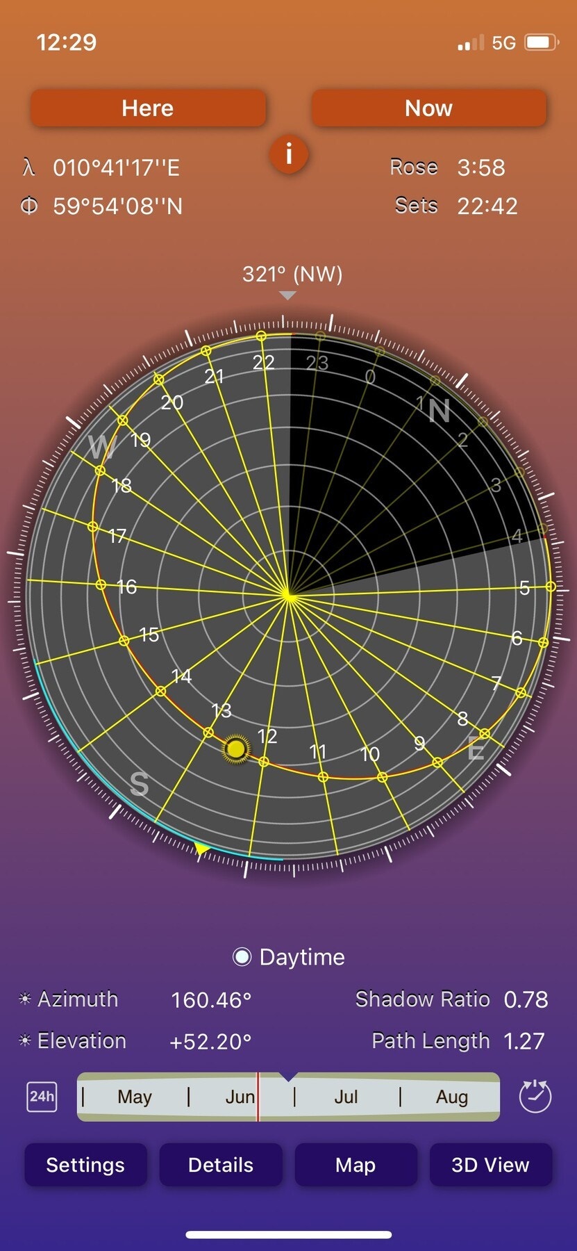 Soldiagram - Solforholdene er dokumentert ved hjelp av appen Sunseeker Galleribilde