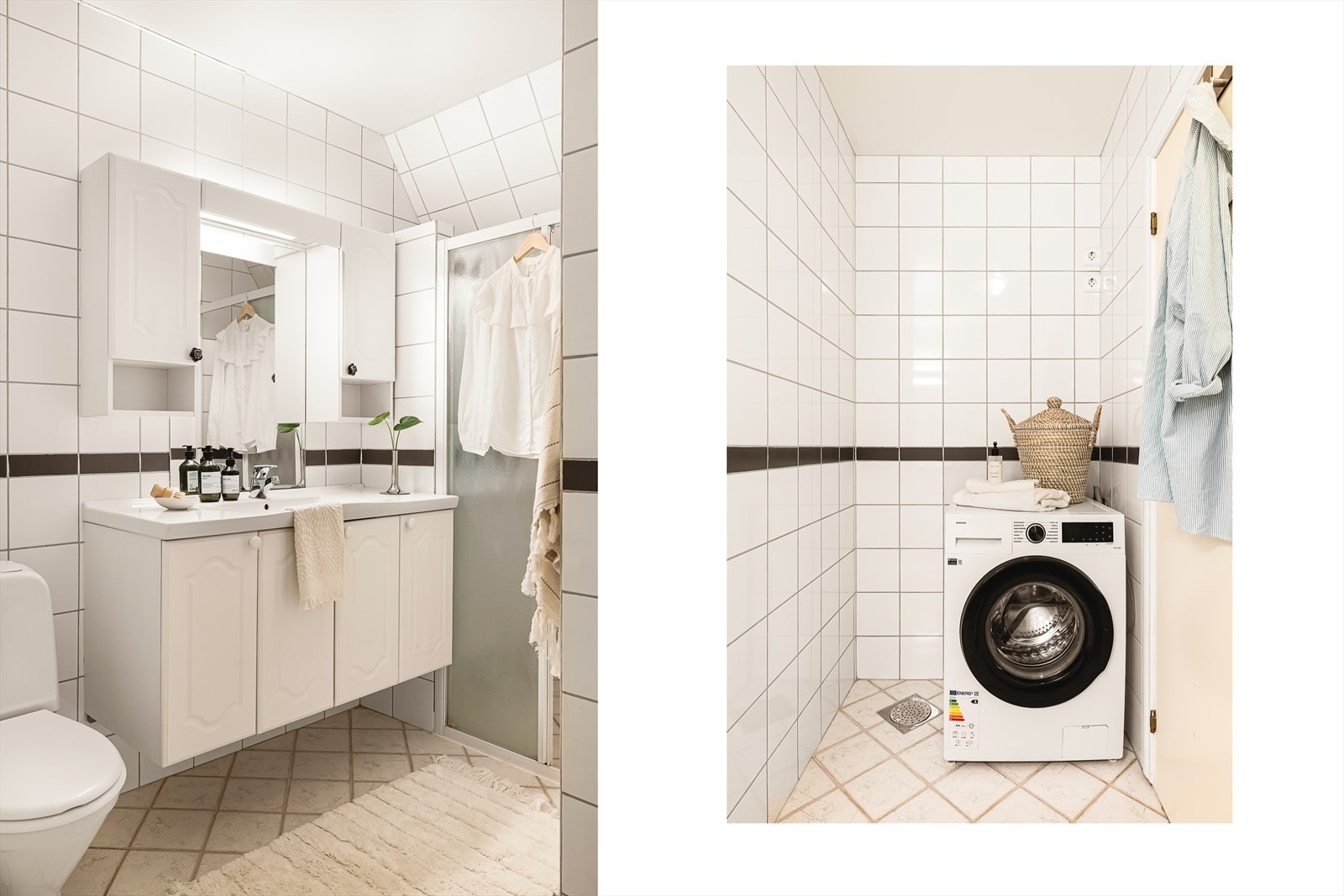 Badet er romslig og innredet med nedfelt servant i baderomsmøbel, toalett, dusjvegger og har opplegg for vaskemaskin. Galleribilde