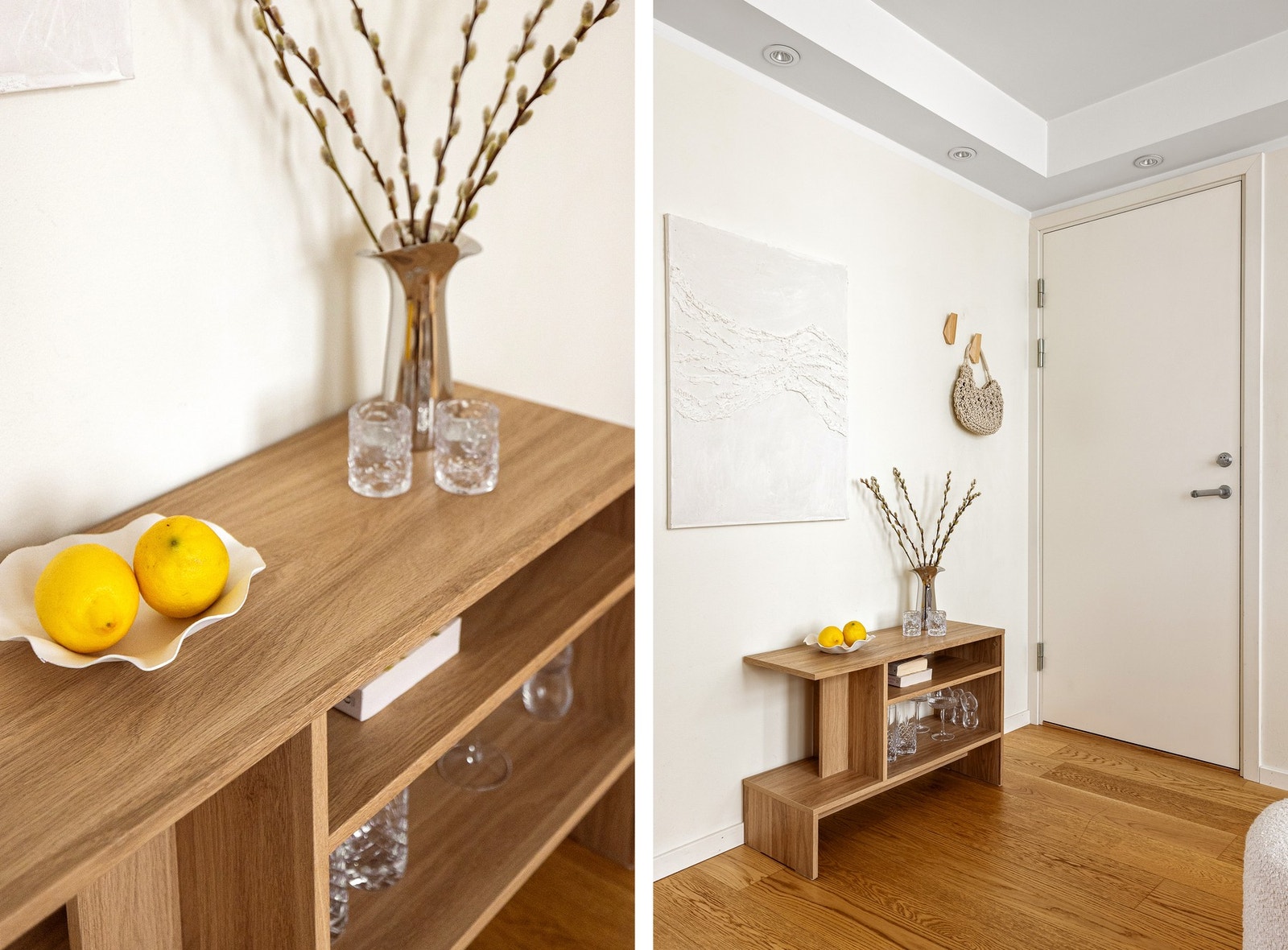 Entréen har knaggrekke til å henge fra seg tøy. Mer oppbevaring er etablert lenger inne i rommet. Galleribilde