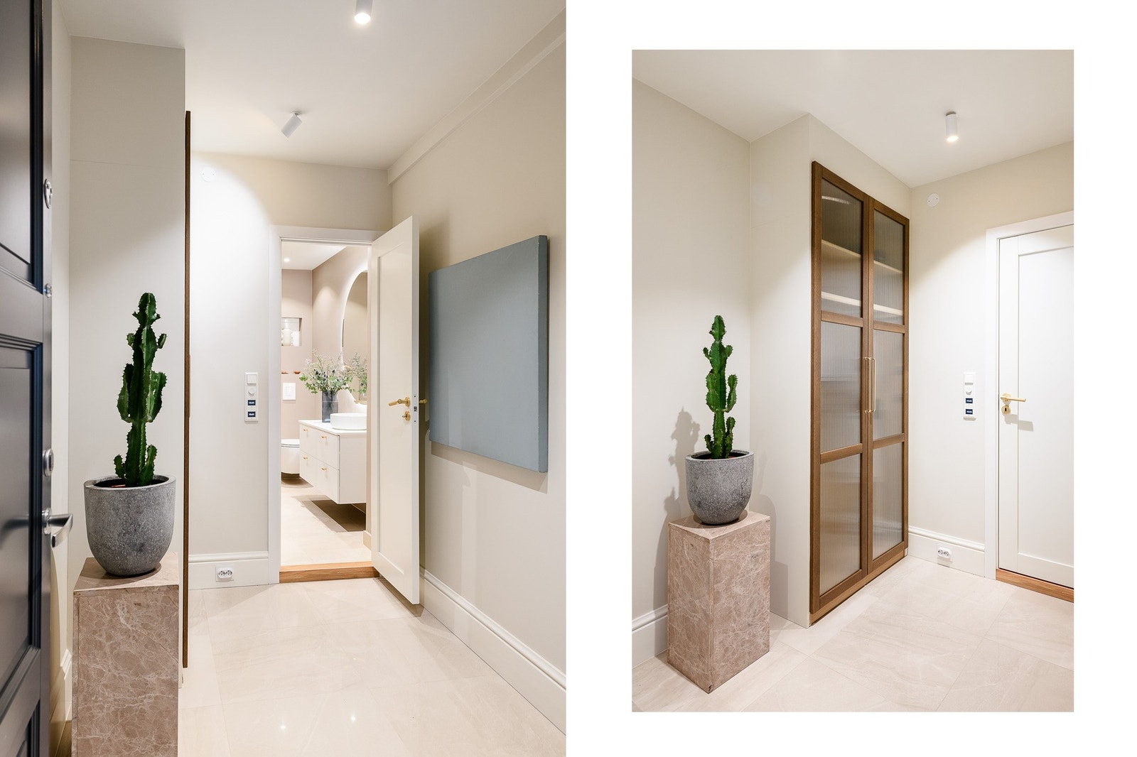 Stilren entré med italienske kvalitetsfliser og varmekabler - en elegant og praktisk velkomstsone. Galleribilde