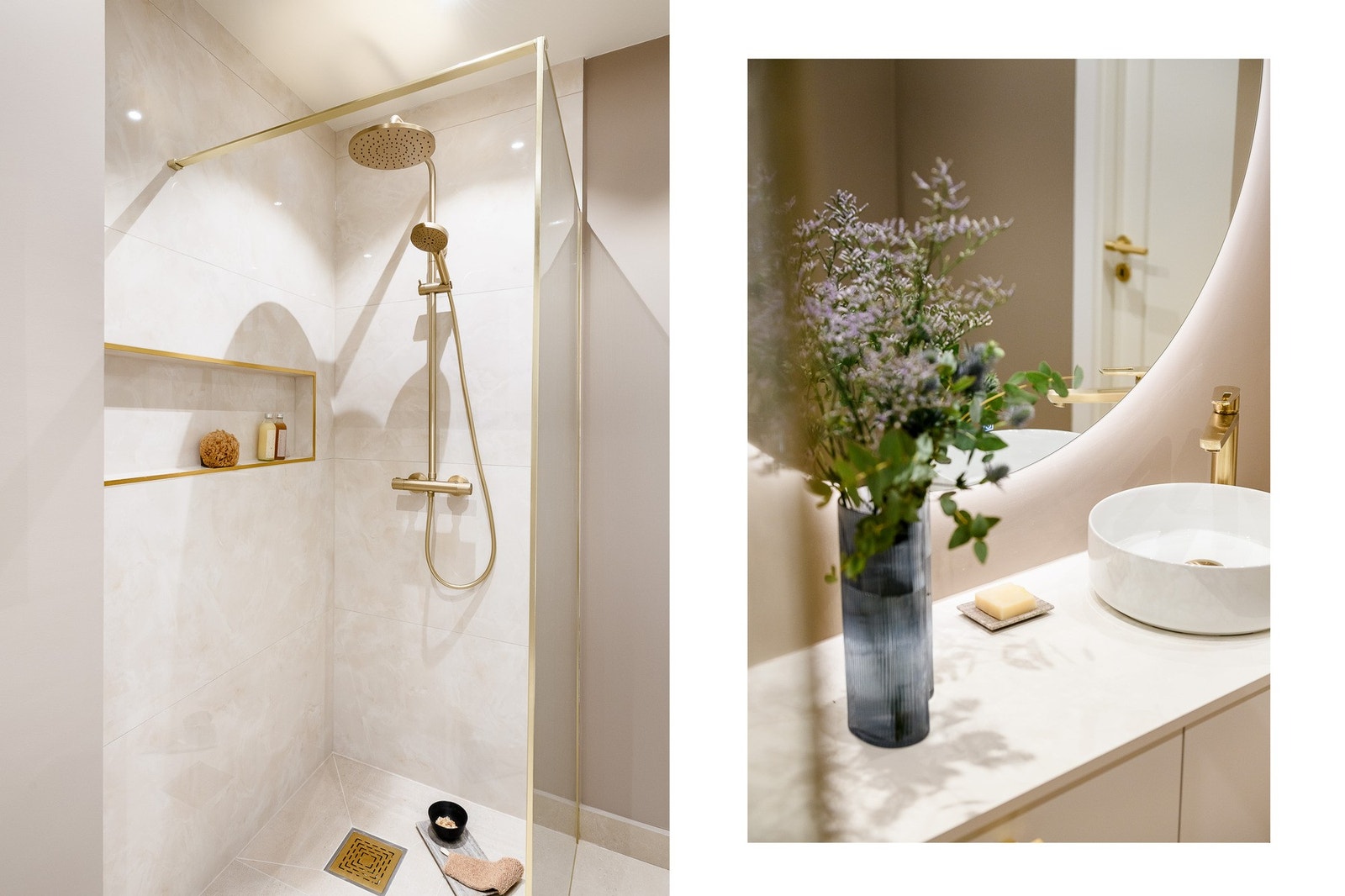 Romslig dusjsone med regnfallsdusj, nisje for produkter og helhetlige overflater i dempede jordtoner. Innbydende servant med kvalitetsmaterialer. Galleribilde