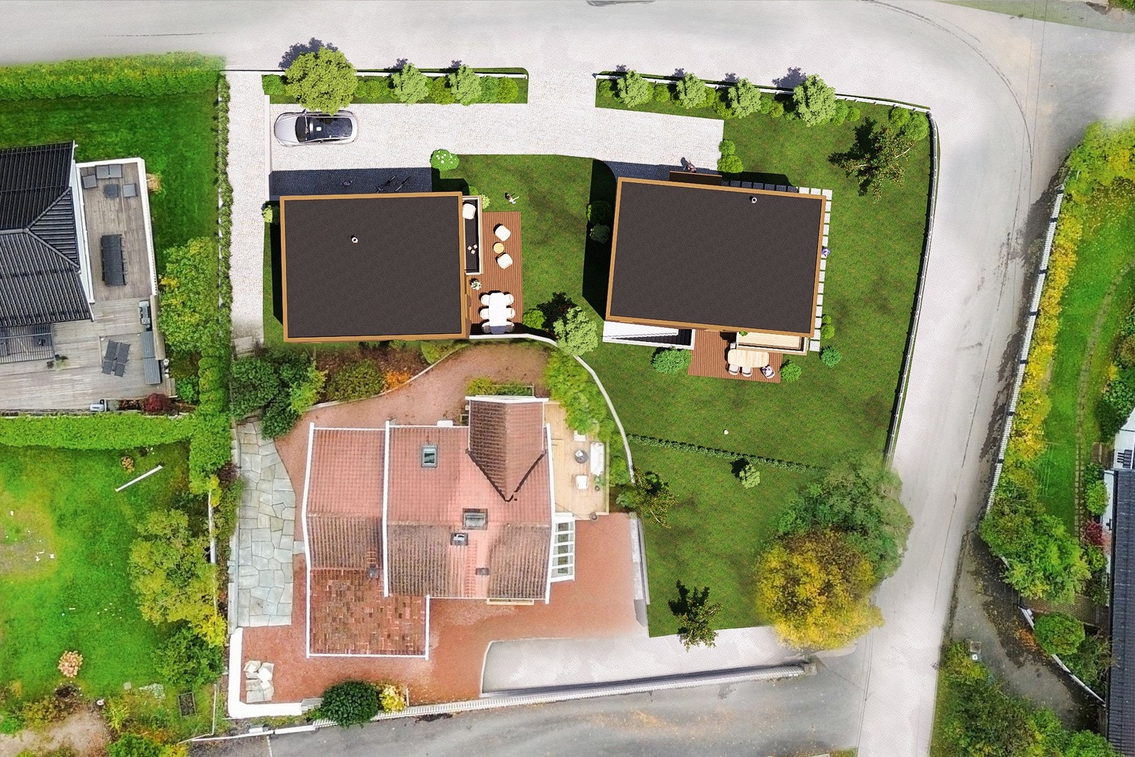 Illustrasjon - Det skal bygges 2 eneboliger på felles tomt - Hvert hus har vedtektsfestet bruksrett til tomt Galleribilde