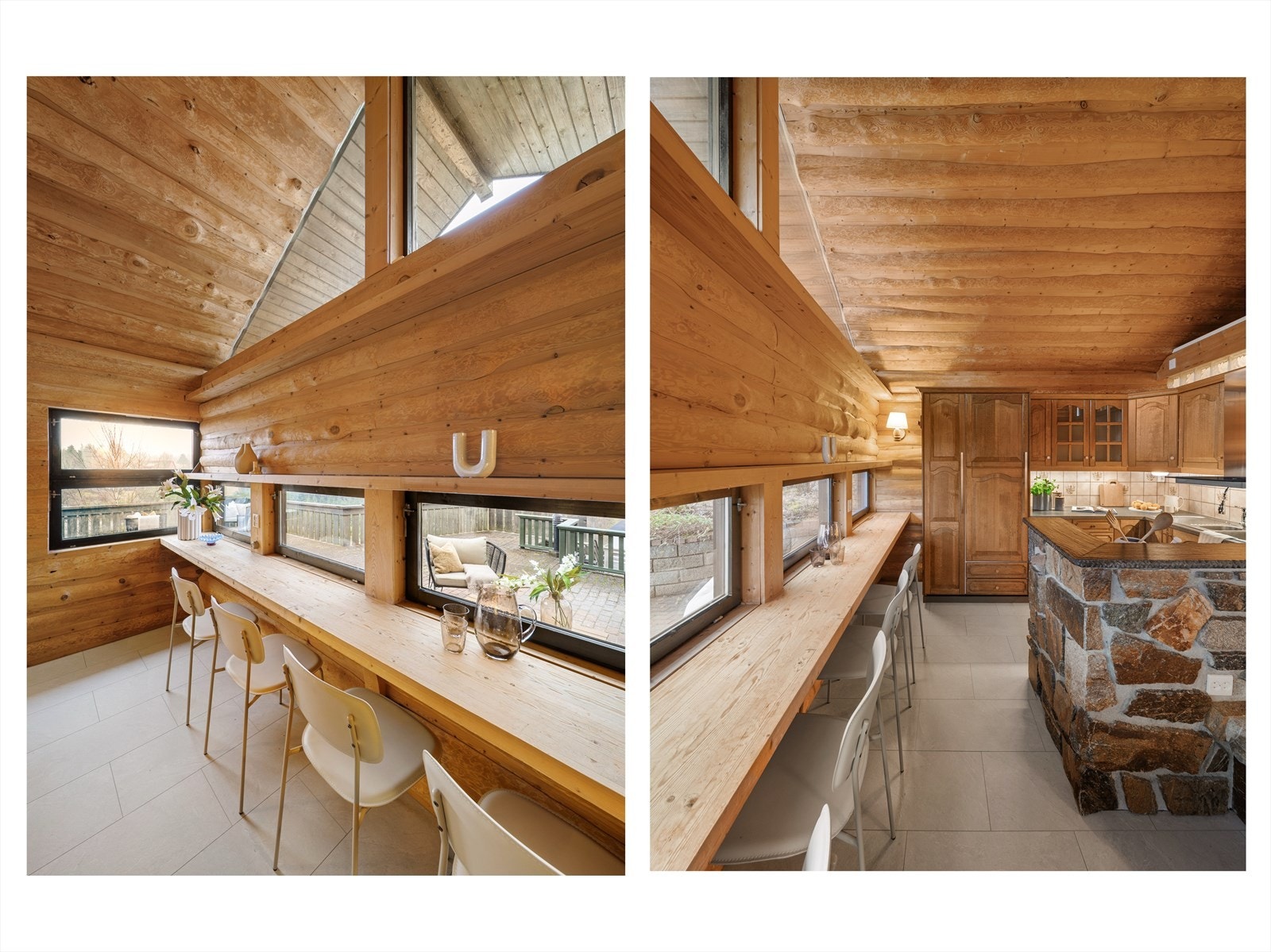 Langs den ene veggen er det laget til spiseplass langs vinduene som er en hyggelig plass å sitte med morgenkaffen. Galleribilde