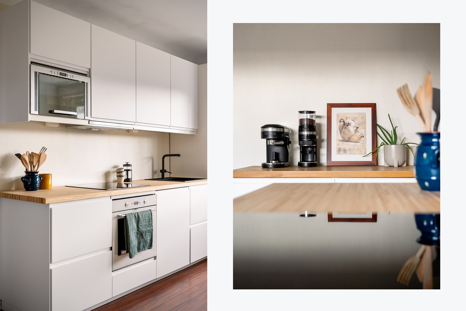 Kjøkkenet har integrerte hvitevarer med induksjonstopp, stekeovn, oppvaskmaskin samt kjøl og fryseskap. Galleribilde