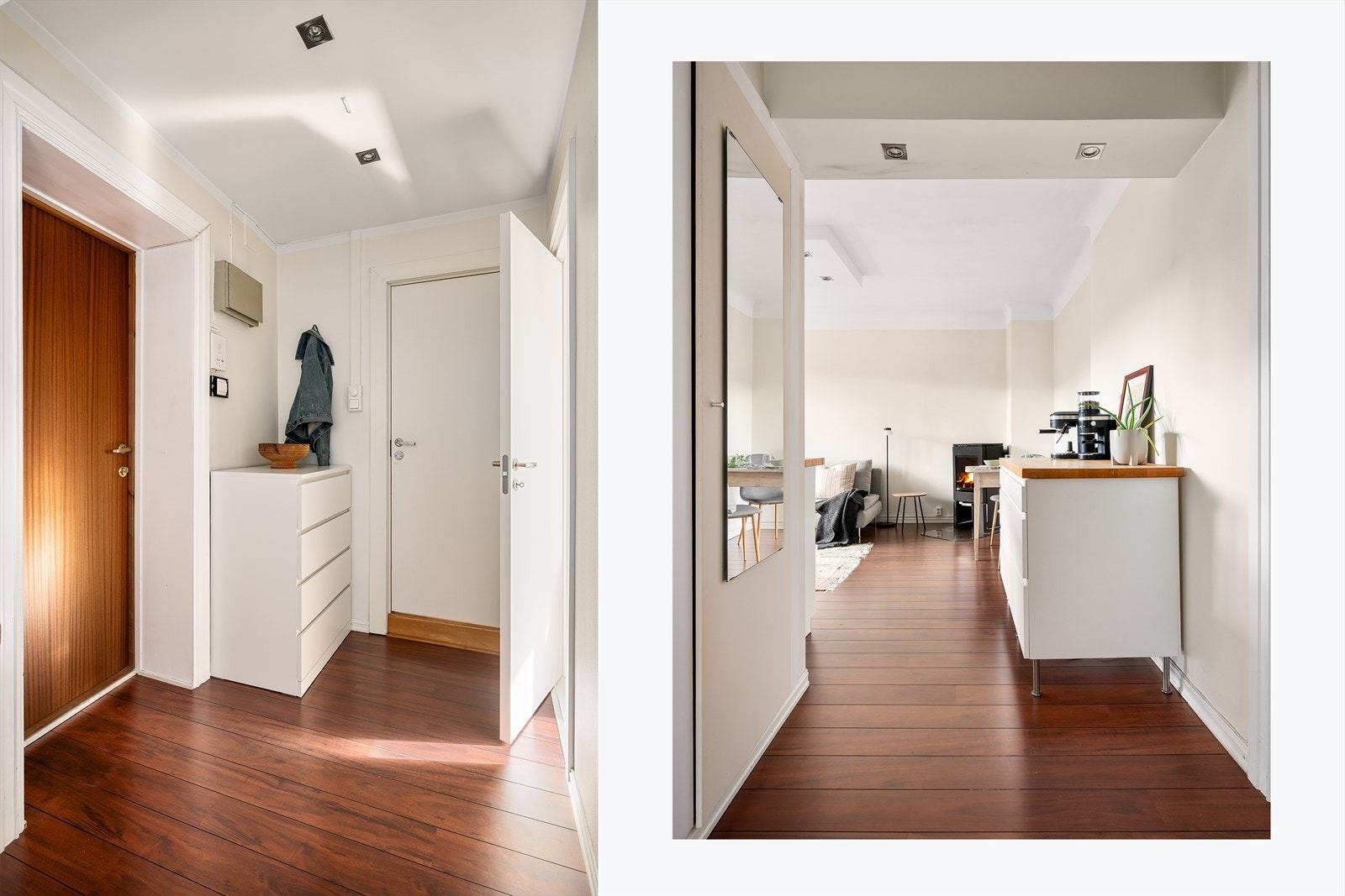 Leilighetens entré gir et godt førsteinntrykk og er både lys og praktisk, med gode muligheter til å sette opp ønsket oppbevaring til yttertøy. Galleribilde