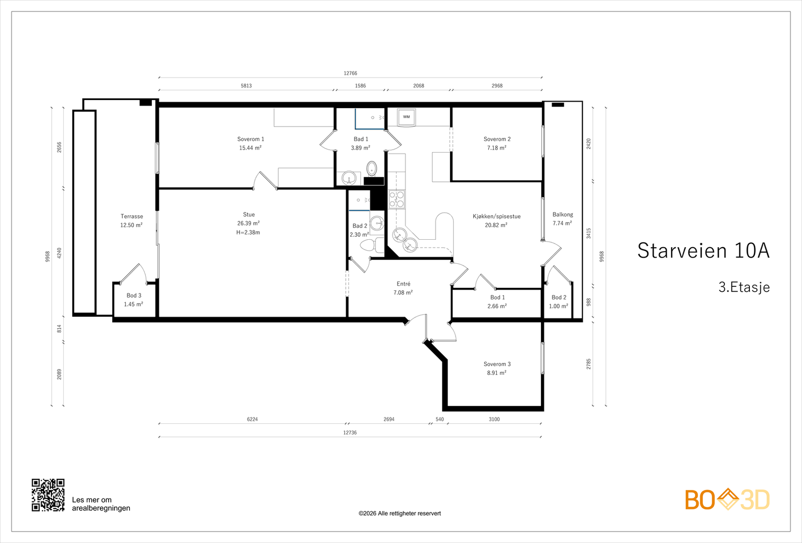Plantegning 4-roms andelsleilighet i 3.etasje. Galleribilde
