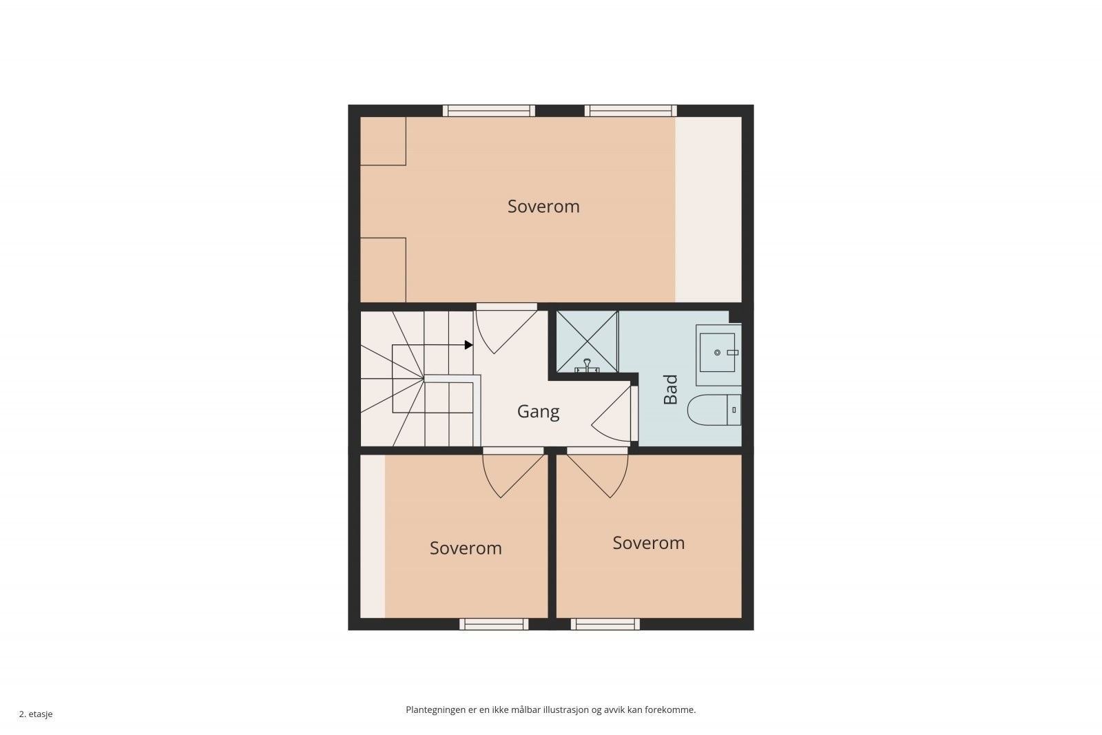 Plantegning 2.etasje. Her er det 3 gode soverom og bad/wc. Galleribilde