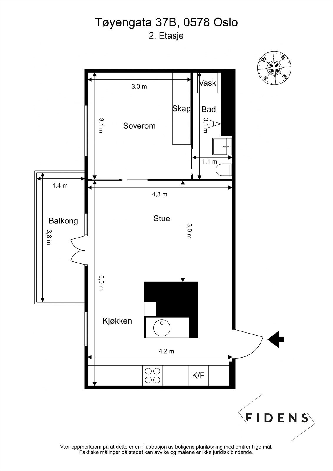 Plantegning. Leiligheten disponerer i tillegg to eksterne boder. I trappeoppgang og i kjeller. Galleribilde