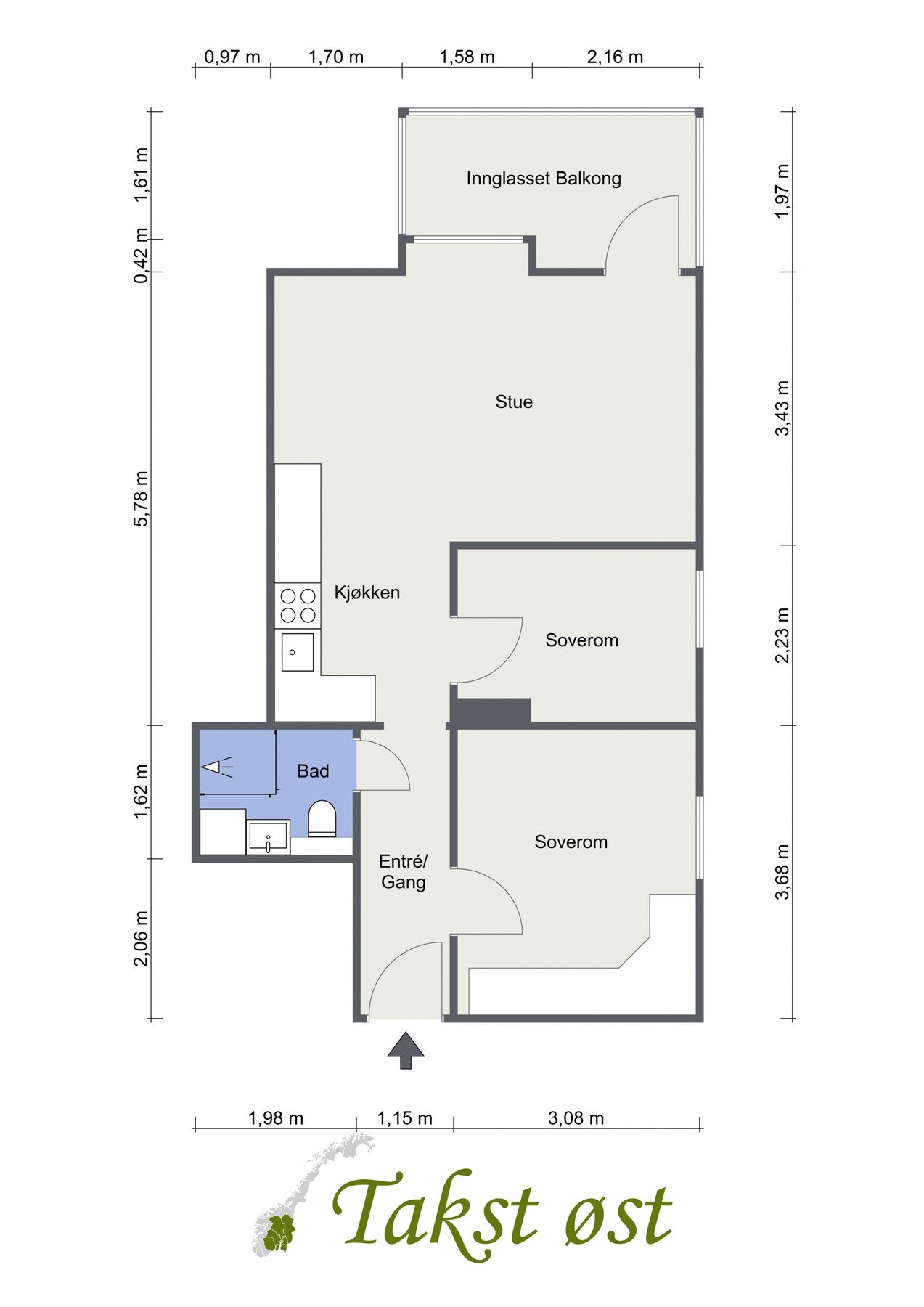 Plantegning av leiligheten. I tillegg er det bod i u. etg. på 2,2 m2, samt en loftsbod på 1,5 m2 (gulvareal ca. 4 m2). Galleribilde