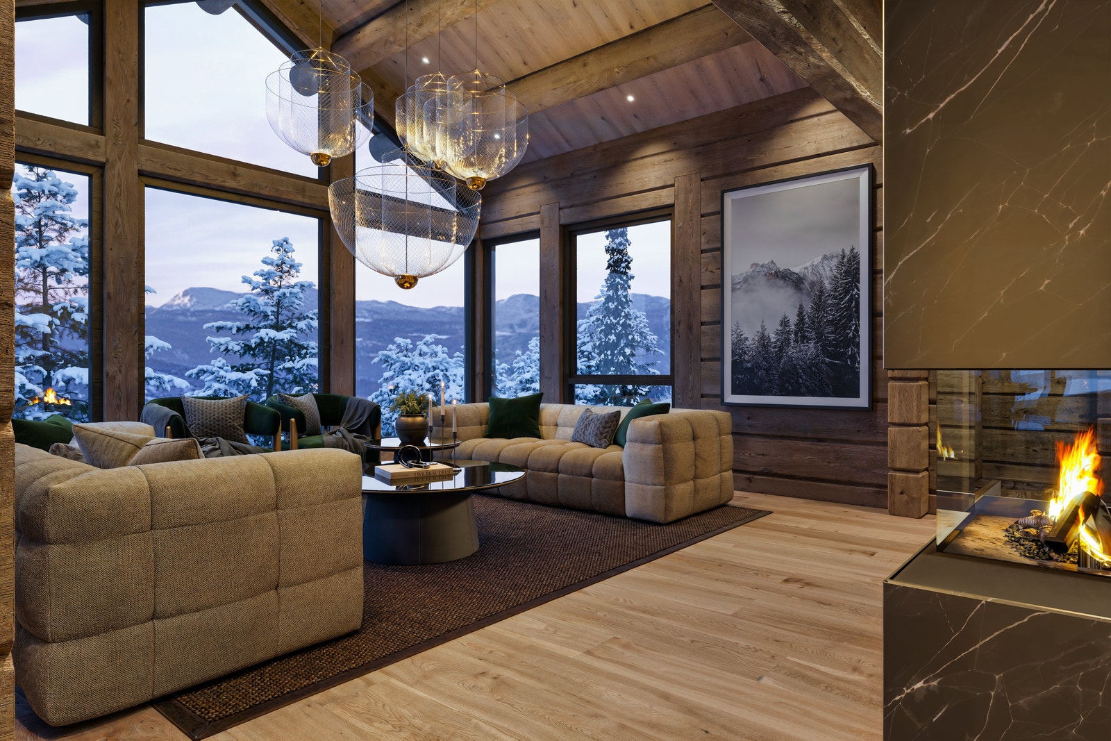 Hyttas hoved stue har stor takhøyde og fantastisk glassfasade hvor du virkelig får den fantastiske utsikten! Fra hyttas hovedstue har du eksklusivt ildsted og trapp til hyttas vinrom og øvrige fasiliteter i underetasjen. Galleribilde