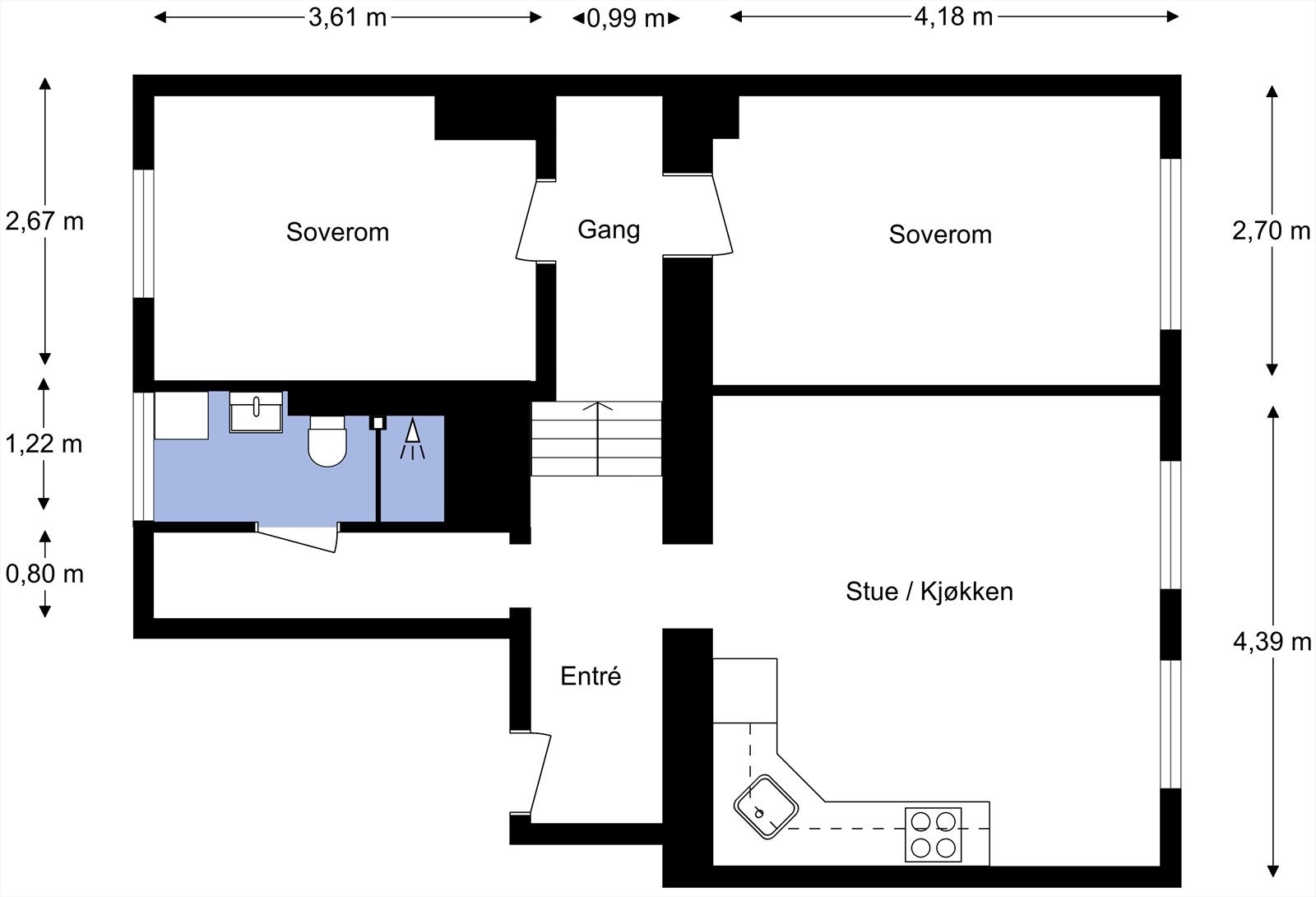Plantegning fra takstmann. Leiligheten har en gjennomtenkt og godt utnyttet planløsning med entré, stue, kjøkken, to innredede rom og bad. Kjellerbod for lagring. NB: planløsning baseres på dagens bruk av rom, ikke hva som er godkjent ihht tegniner. Galleribilde
