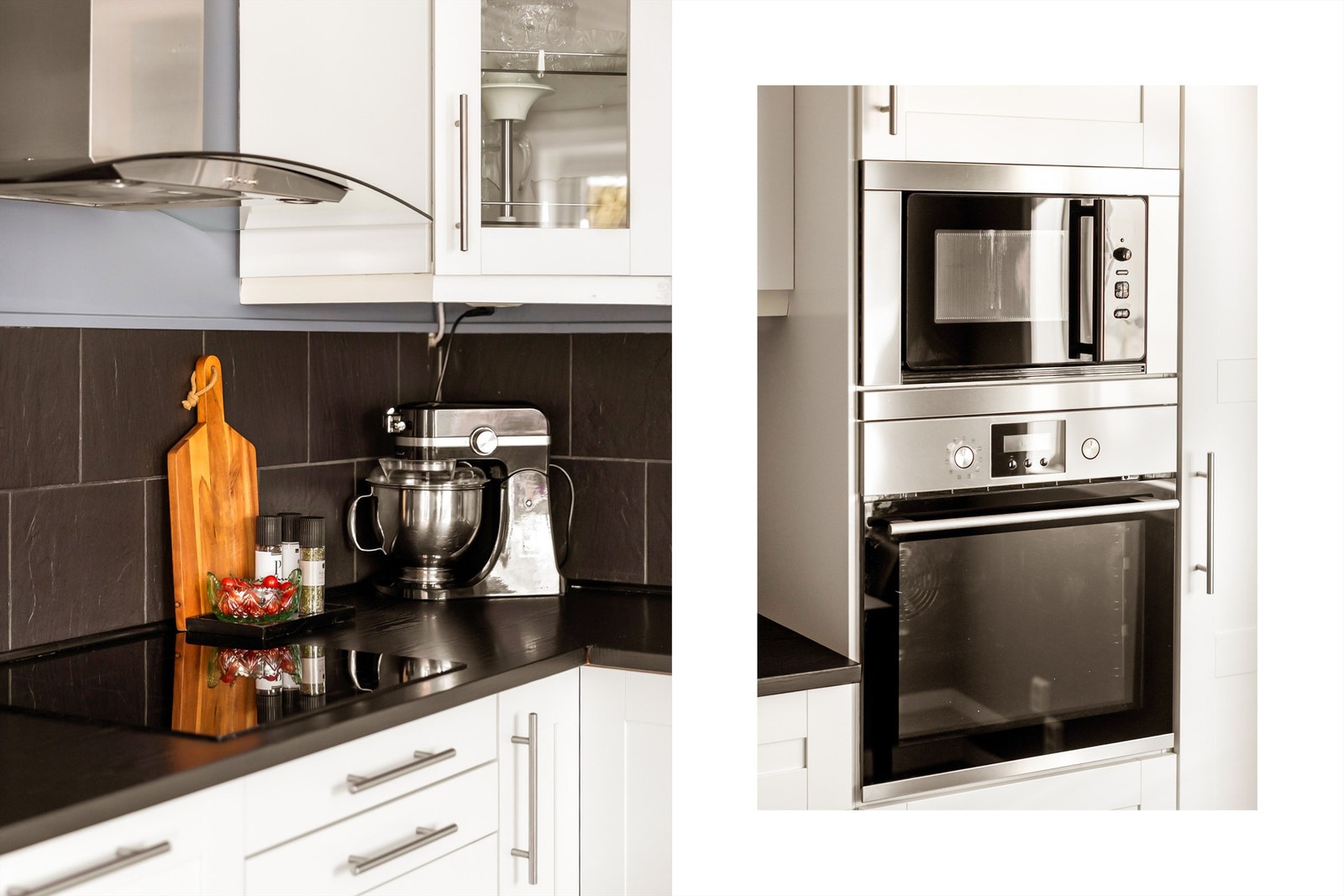 Detaljer fra kjøkkenet, med platetopp og høyskap med integrert stekeovn og mikro. Galleribilde